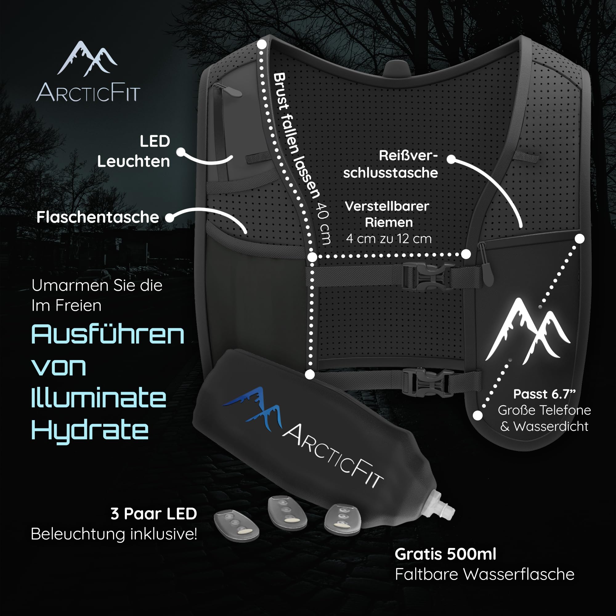 ArcticFit LED Laufweste – Verstellbare Unisex Reflektierende Weste mit Handyhalterung und Aufbewahrung – Leichte und langlebige Laufrucksack-Alternative – Trinkweste