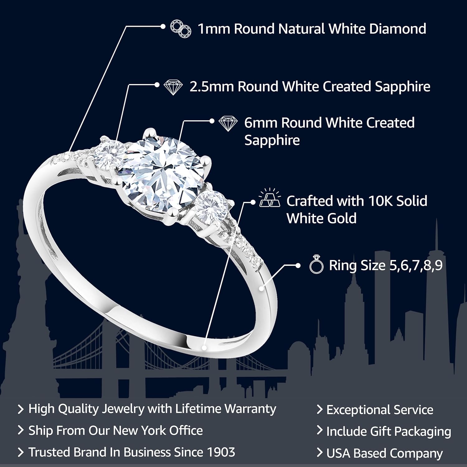 Miniatura 2 de Gem Stone King 10K White Gold Hearts And Arrows White Created Sapphire and Diamond Accent 3-Stone Engagement Ring For Women (1.35 Cttw, Available In