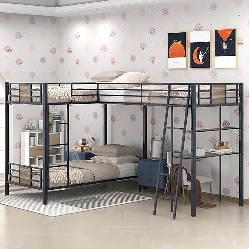 Miniatura 3 de Litera triple de metal con escritorio y estante literas de tamaño individual sobre individual con barandillas de seguridad litera en forma de L para