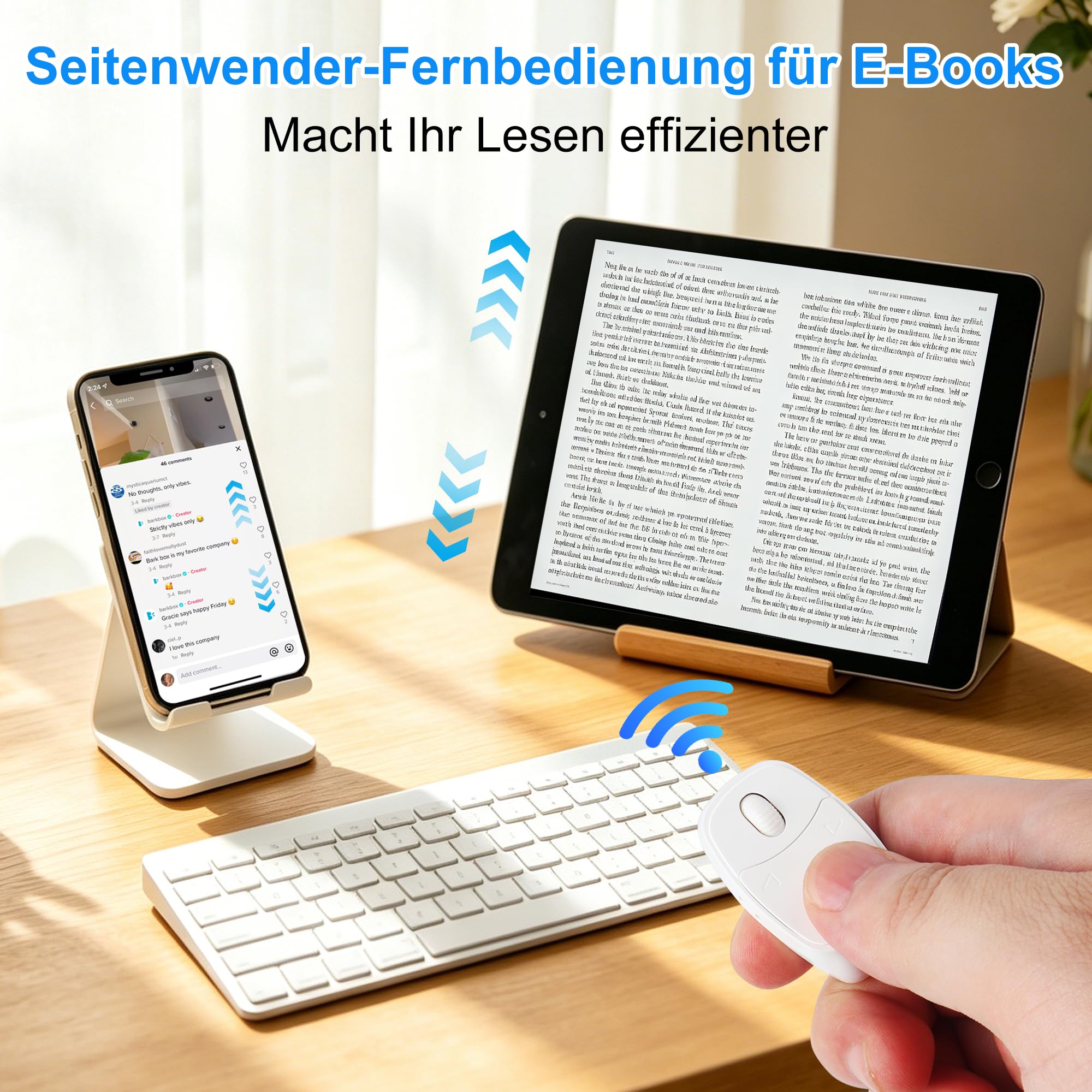 Kabellose Bluetooth-Fernbedienung, TikTok-Scrolling Ring Wiederaufladbarer mit Ladehülle, Remote Kurzvideo, Kamera Auslöser, E-Book PPT Seitenwender, für Smartphone Tablet Zuhause Reisen Büro-Weiß