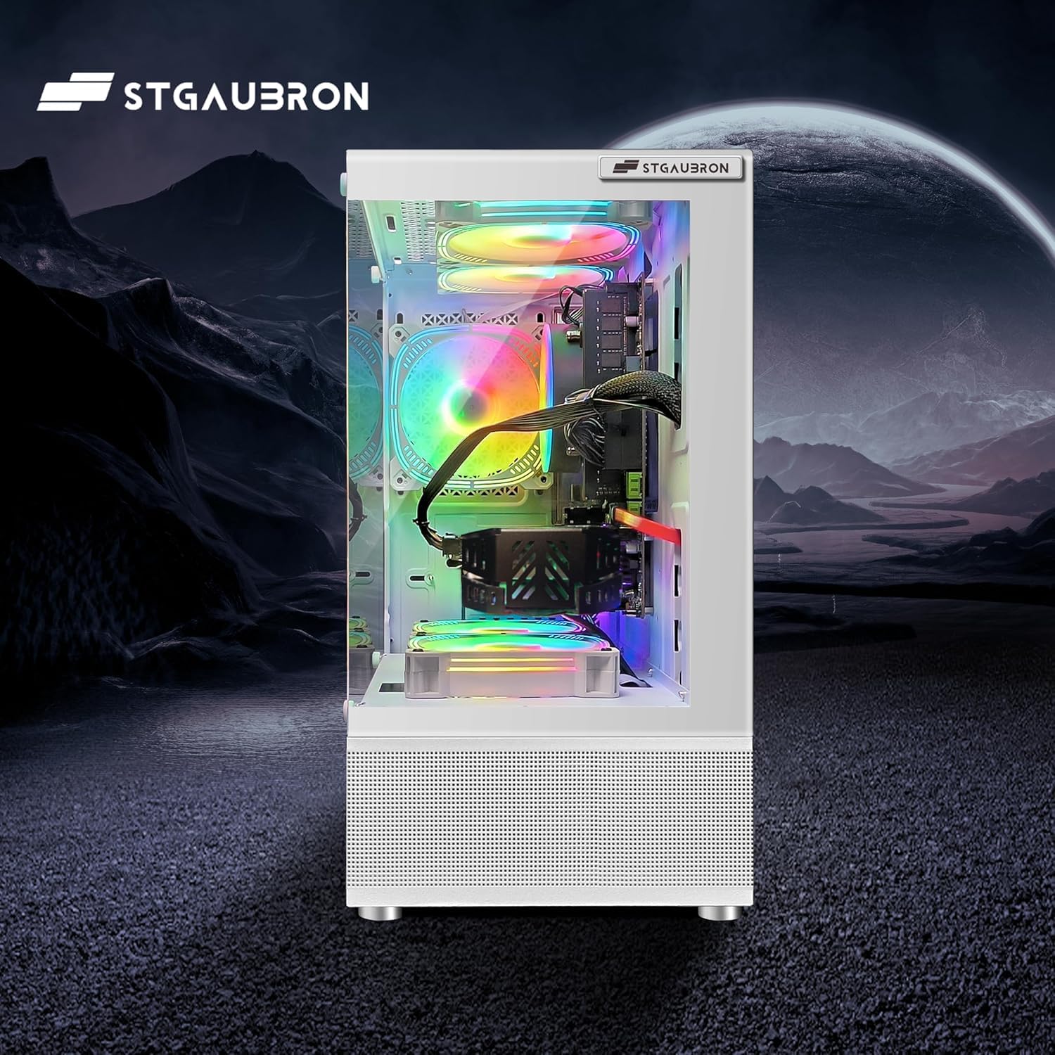 STGAubron Gaming PC Desktop Computer, Intel 10th Gen G5905 3.5G, Radeon RX 580 16G, 16GB DDR4, 1TB SSD, WiFi 6, BT 5.0, RGB Fan x5, Windows 11 Home, White
