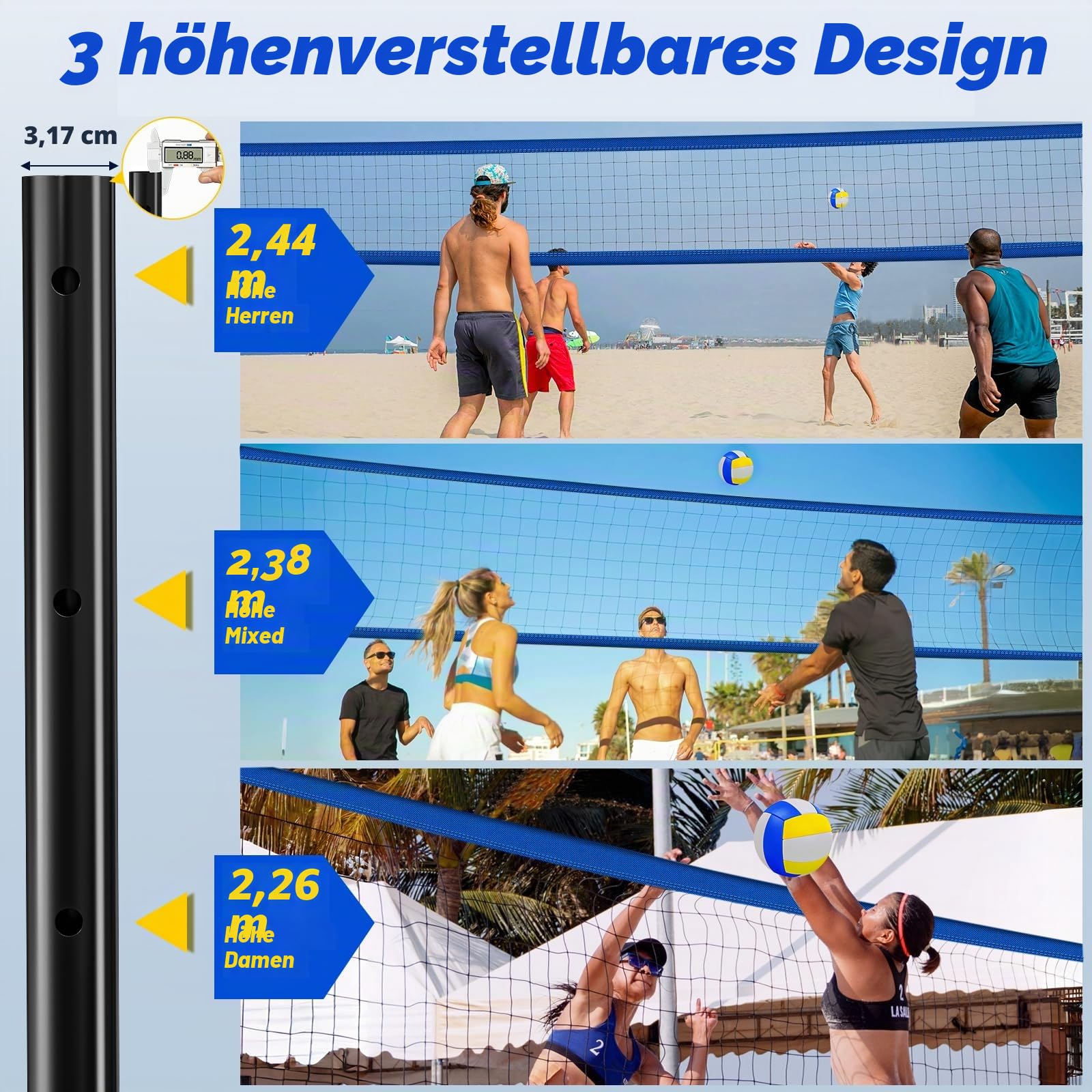 Professional Outdoor Volleyball Net Set with Adjustable Poles & Anti-Sag Design, Portable Volleyball Net Includes Beach Fixed Plate, Scoreboard, Boundary Line and Carry Bag for Backyard Beach Grass