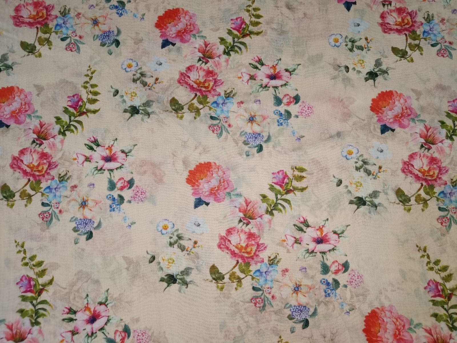 Chanderi Silk Fabric Floral Print Cream with Pink and Blue 44