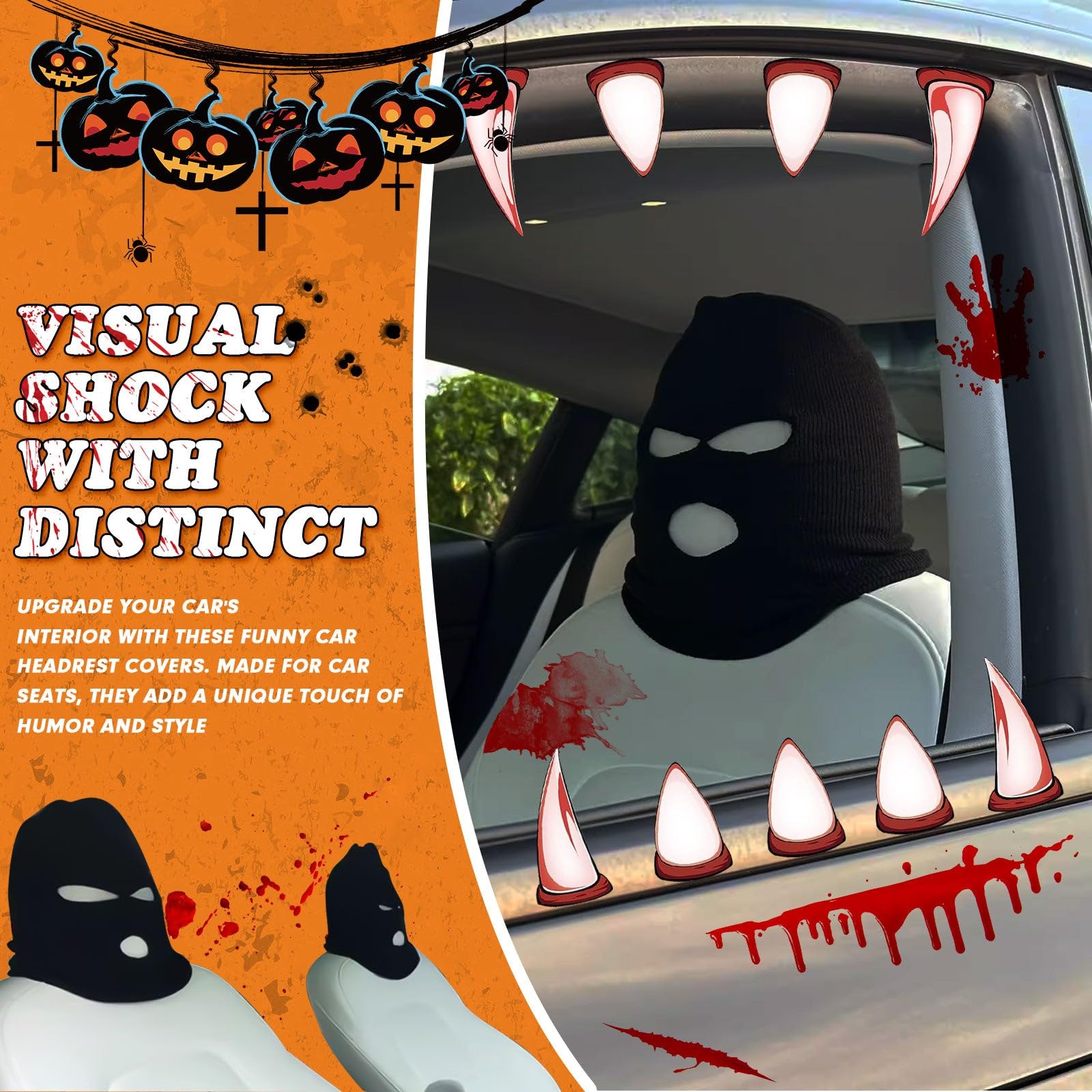 Xotic Tech 2Pcs Car Funny Decoration Spoof Balaclava Face Headrest Cover, Scary Bank Robber Costume Front Seat Head Rest Protector, Halloween Bandit Mask Auto Accessories Universal for Most Car-Black