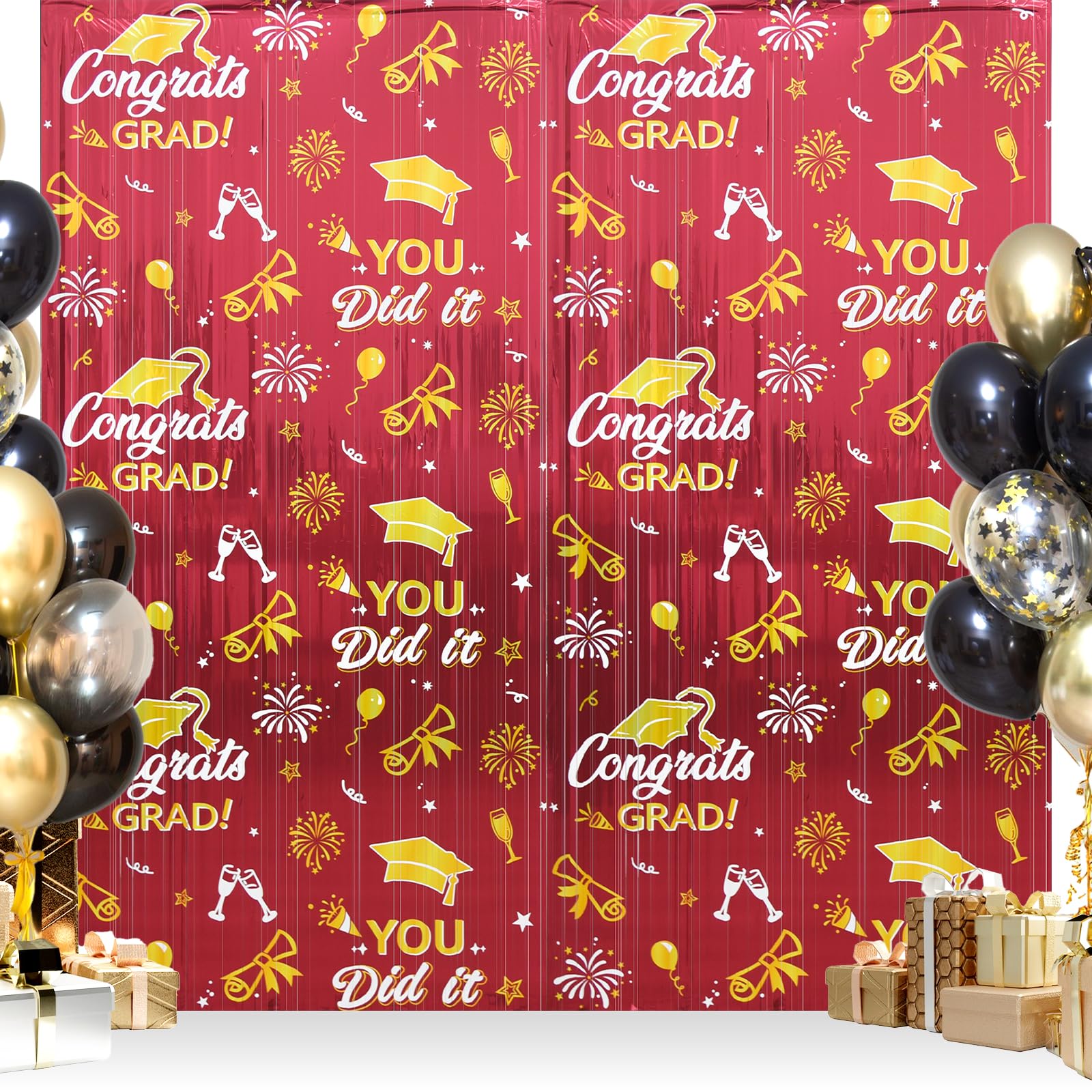 Graduation Party Decorations - 2 Pack 3.3 x 6.6 Ft Maroon Gold Graduation Foil Fringe Curtain Congrats Grad Backdrop Wall Decorations Photo Background