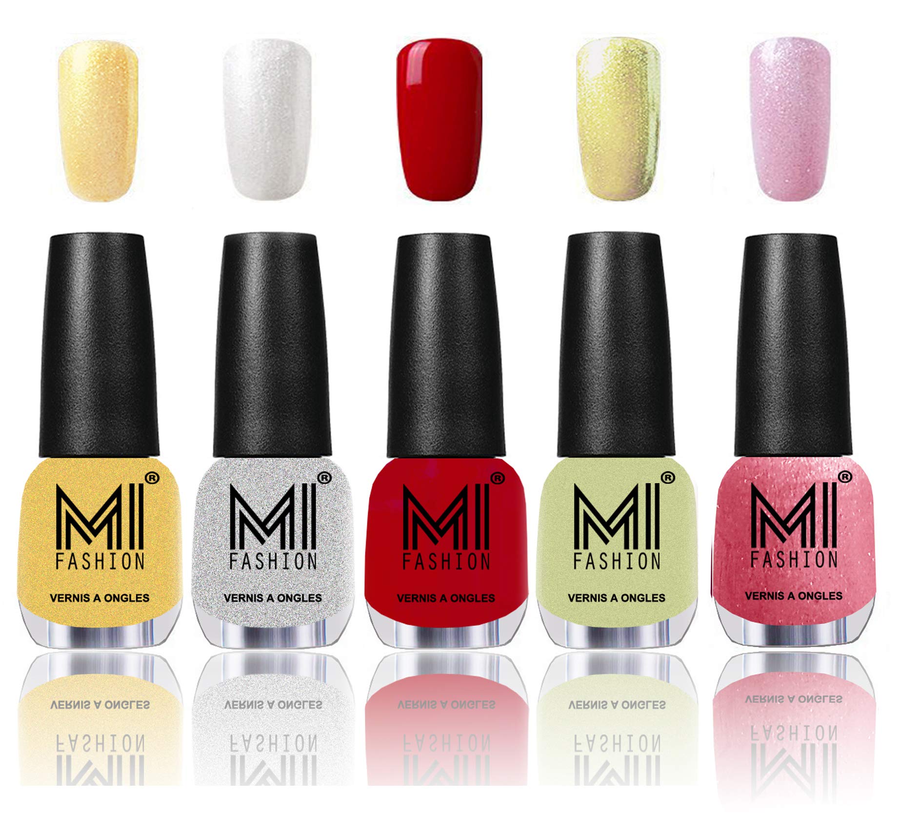 MI Fashion Ultimate Nail Polish Metallic Delight Combo of 5 Shades - Glazing Golden, Shimmery Silver, Sinfully Red, Metallic Olive Green and Shining Pink - 12ml each-image-25