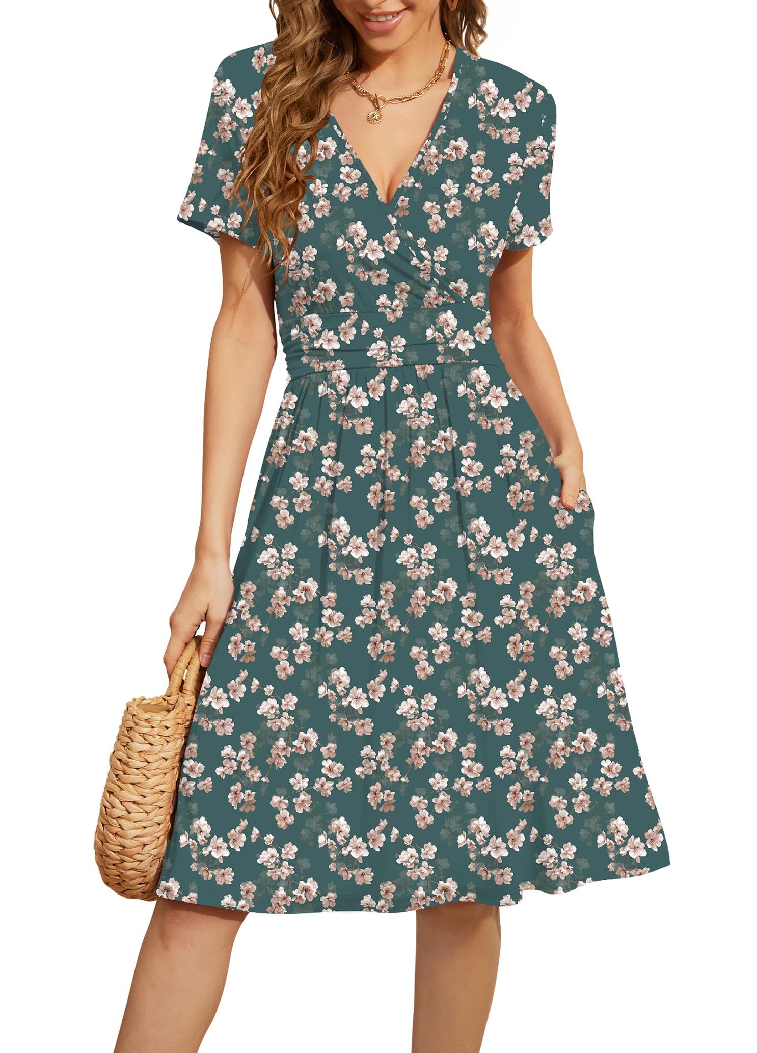WEACZZY Women's Summer Short Sleeve Casual Dresses V-Neck Floral Party Dress with Pockets