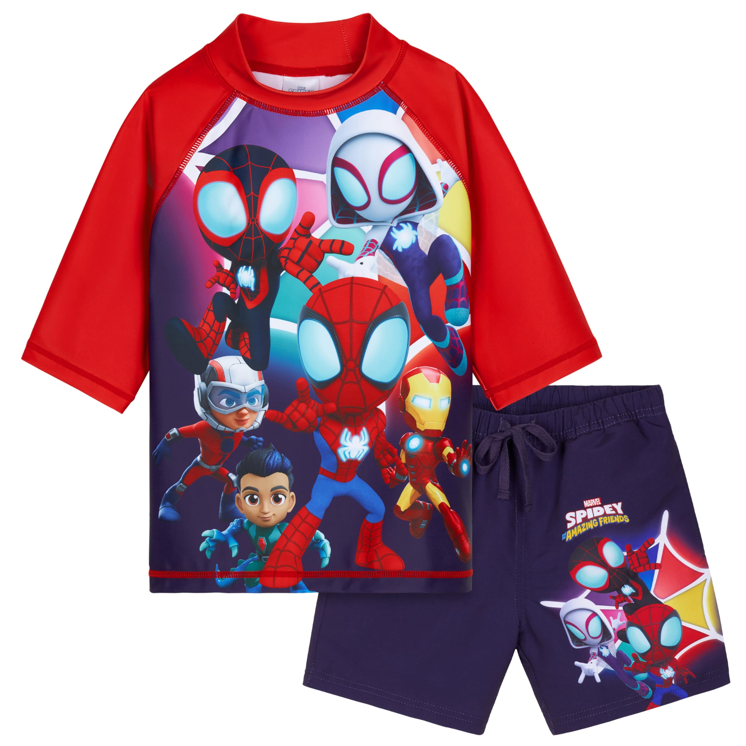 Get Trend Marvel Spidey Swimsuit Set for Boys 2 Pcs with Swimming Trunks Boys Rash Vest for Swimming Beach Trip Holiday Essentials (5-6 Years, Navy Spidey)