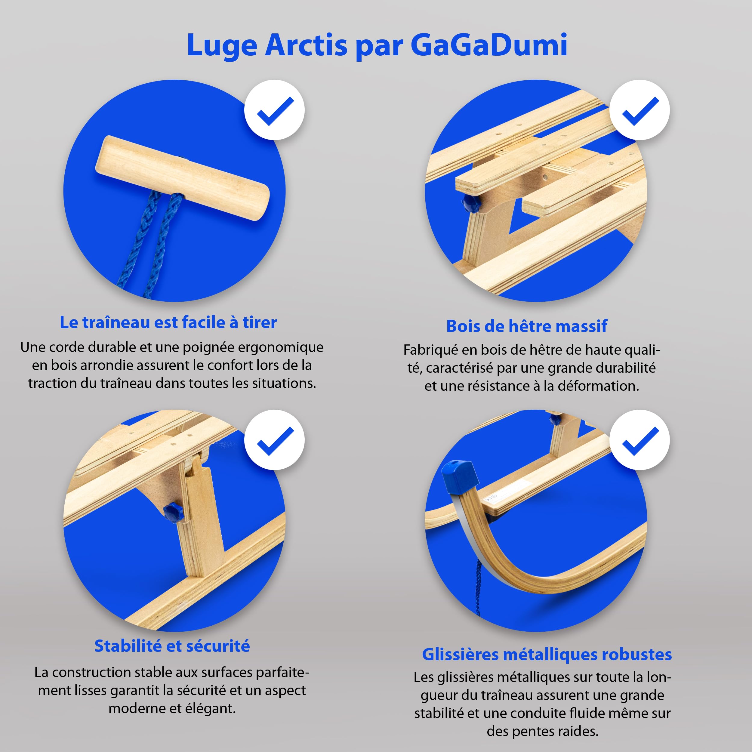Gagadumi Arctis Luge pliable en bois avec dossier – Luge robuste et peu encombrante pour l'hiver, idéale pour s'amuser dans la neige et les aventures en plein air