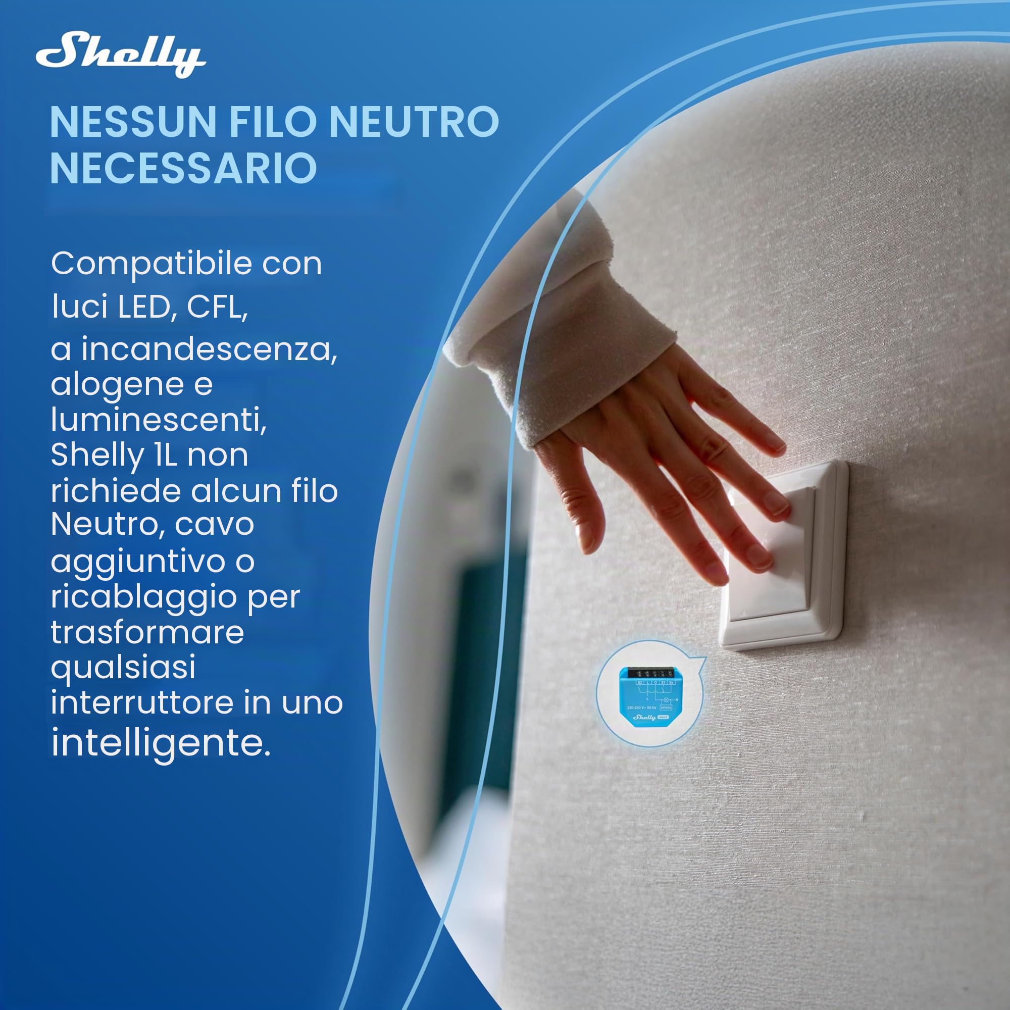 Shelly 1L Gen3 con Bypass - Interruttore Relè Intelligente Wi-Fi & Matter, 1 Canale, 200W Max, Nessun Filo Neutro Richiesto, Controlla Carichi Superiori a 5 W, Alexa & Google, Nessun Hub Richiesto