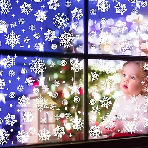 Miniatura 7 de Outus 570 calcomanías de copo de nieve para ventana, calcomanías de copo de nieve de Navidad, decoraciones para fiestas temáticas de Navidad,