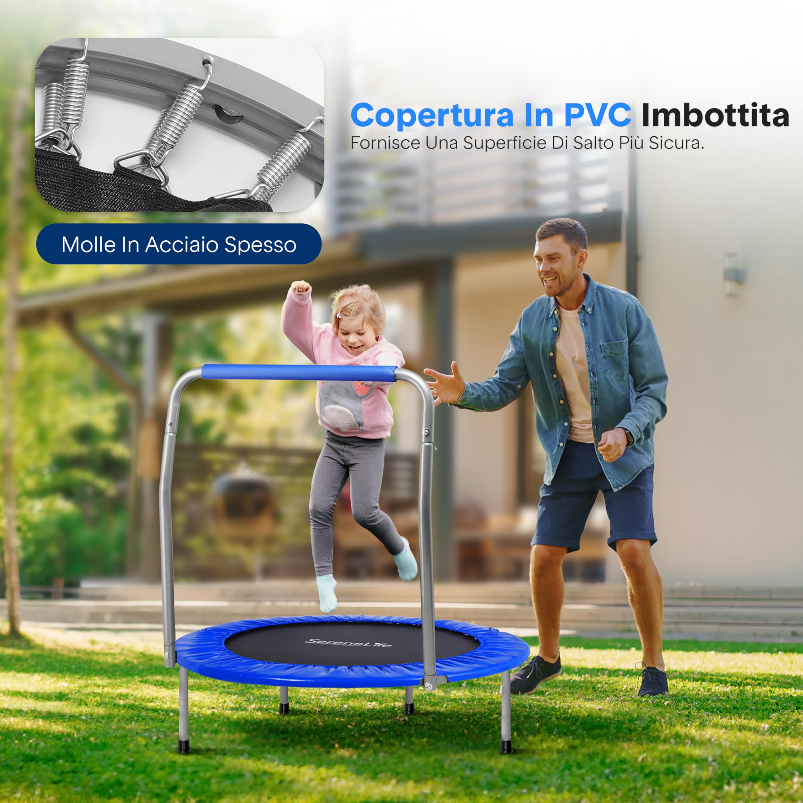SereneLife Trampolino Elastico per Bambini Pieghevole 91/102 cm, Trampolino per Palestra in Casa con Maniglia in Schiuma, Giochi Bambini fino a 100 kg
