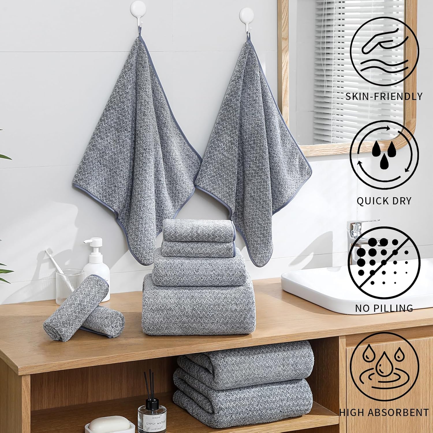 Ultra Soft Bath Towel Set,12 Piece (4 Bath Towels,4 Hand Towels,4 Washcloths) Family Bathroom Towels Set with Hanging Loop,Quick Dry Extra Absorbent Shower Towel for Bathroom,Hotel,Spa-Dark Gray - Image 3