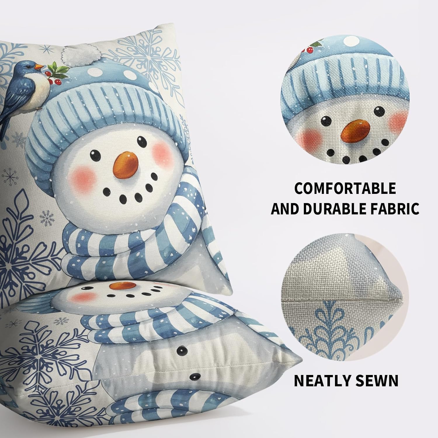 Winter Snowman Pillow Covers 24X24 Set of 2, Blue White Christmas Snowflake Bird Xmas Holiday Theme Decorative Throw Pillowcases Outdoor Farmhouse Seasonal Cushion Cases Couch Sofa Bed Decor