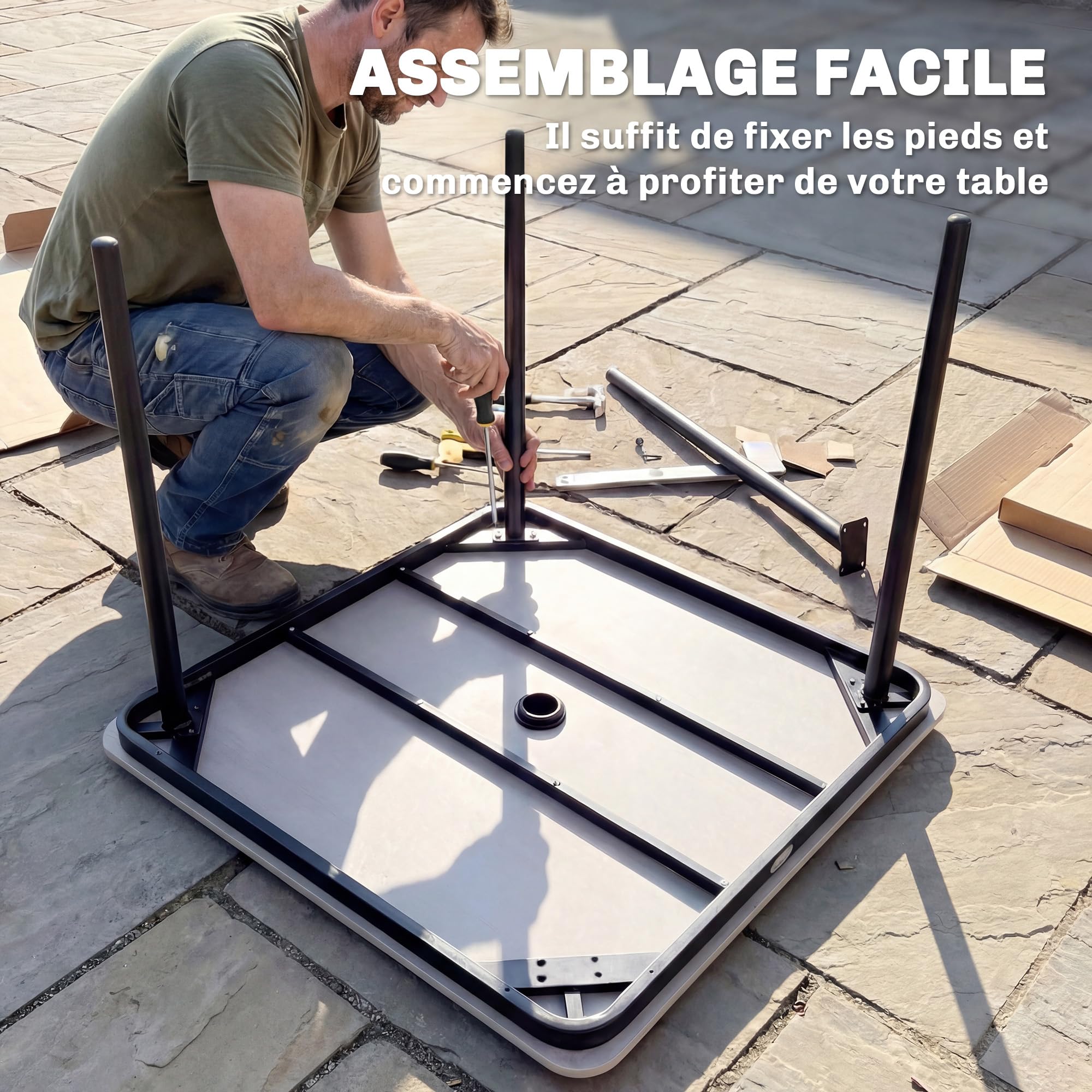 Outsunny Table de Jardin rectangulaire pour 4 Personnes, Table à Manger extérieure avec Trou de Parasol et Pieds en métal, pour Balcon, Porche, terrasse, 85 x 85 x 72,5 cm, Gris