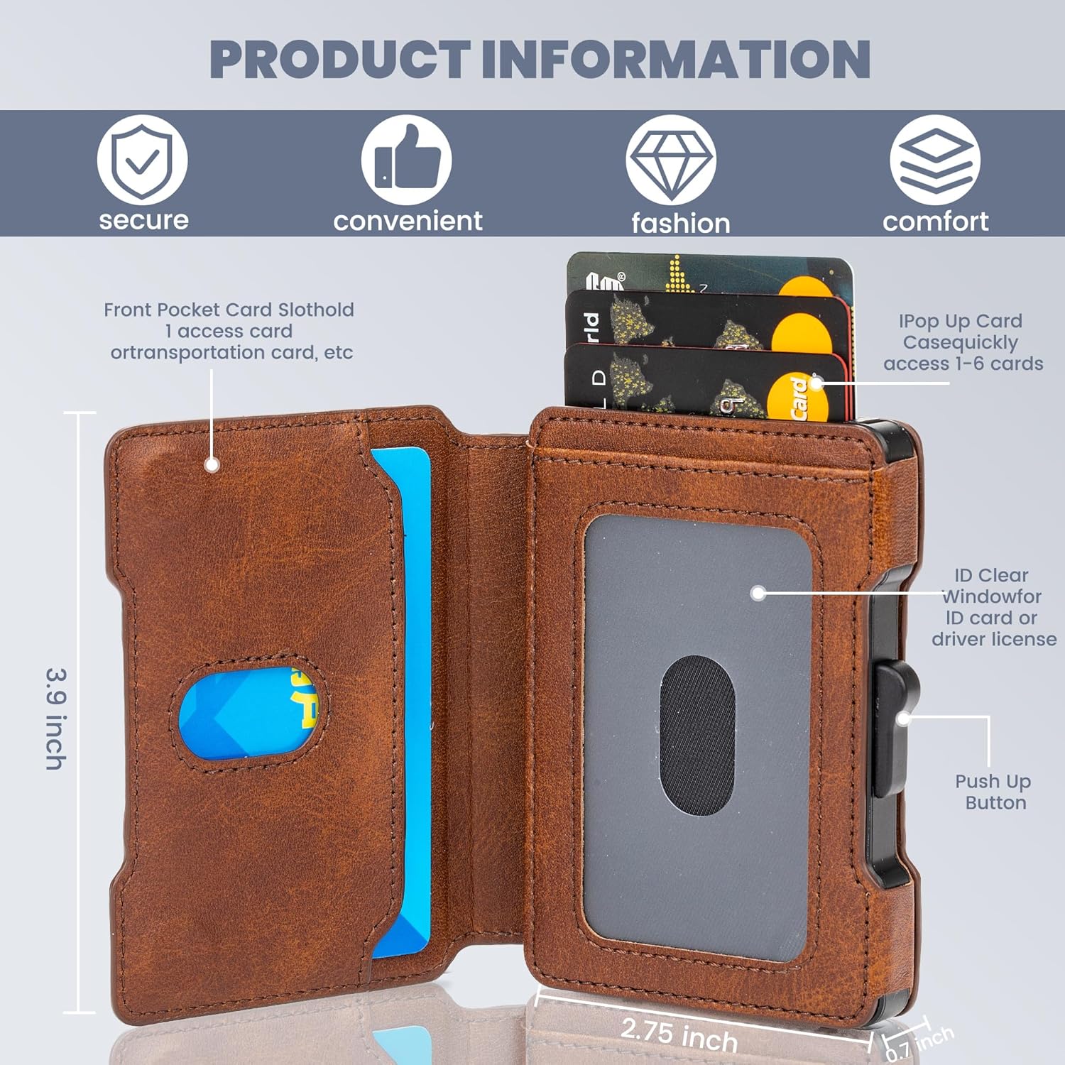 Airzoo Wallet for Men, RFID Blocking Slim Mens Wallet with Money Clip, Minimalist Pop Up Card Case, ID Window, 9-11Cards Capacity, Bifold Leather Front Pocket Wallet with Gift Box（Brown Red）