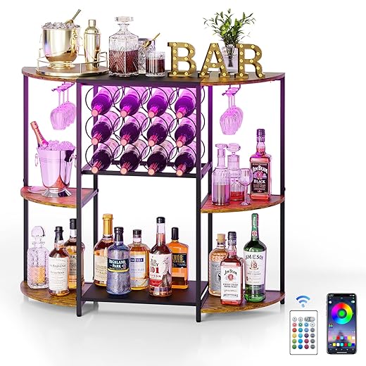 JKsmart Wine Bar Cabinet with LED Lights, Mini Wine Rack with Storage and Glass Holder, Home Bar Cart for Liquor, 3-Tier Bar Table for Kitchen, Dining Room, Living Room, Rustic Brown