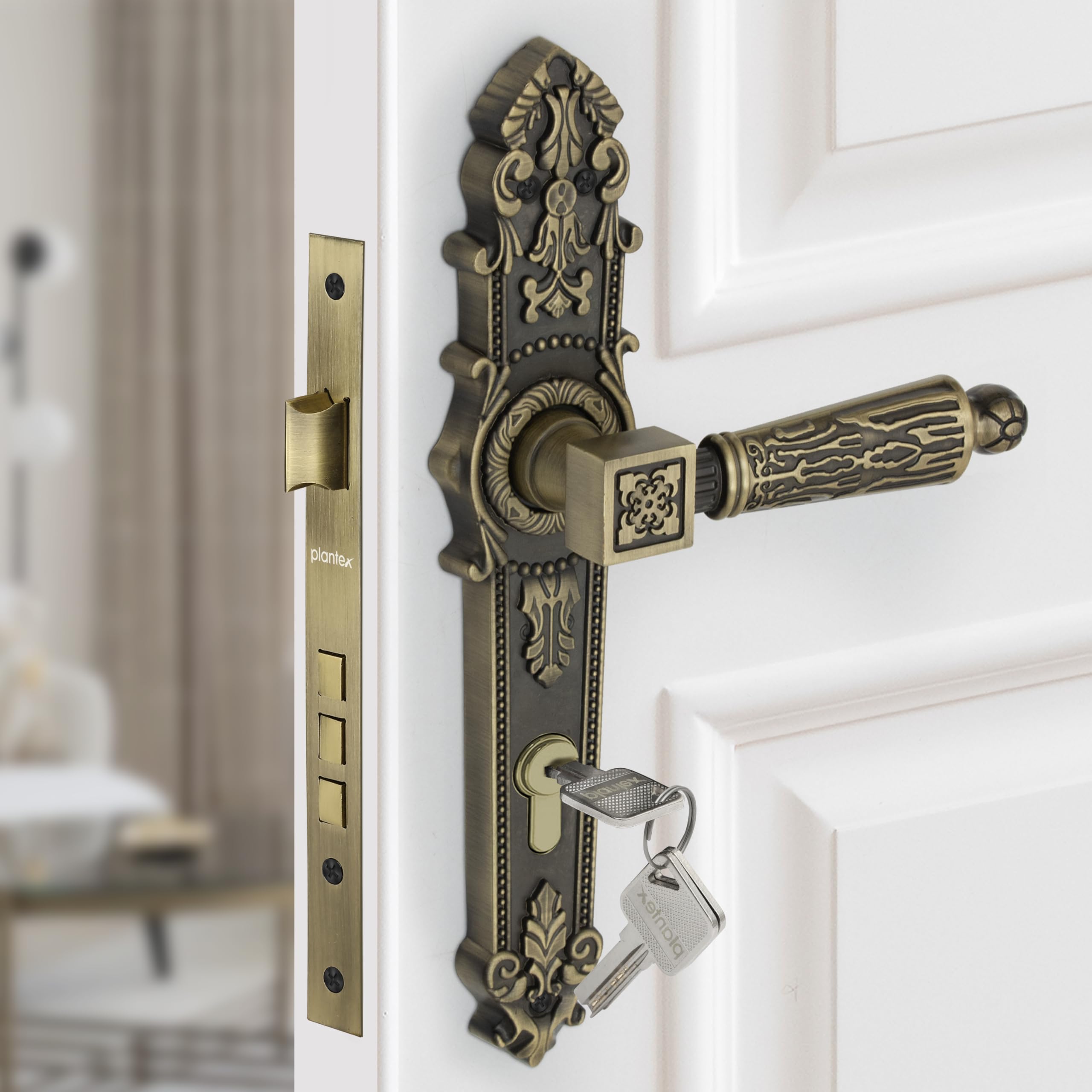 Plantex Heavy-Duty Door Lock for Main Door/Mortise Locks Handle Set with 3 Years of Warranty Mortice Locks with 3 Keys, Brass Lock Body & Cylinder(657- Brass Antique)-image-0