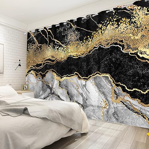 Miniatura 3 de Cortinas opacas de mármol negro y gris para hombre joven, estilo gótico, decoración de sala de estar, cortinas abstractas con rayas doradas, juego