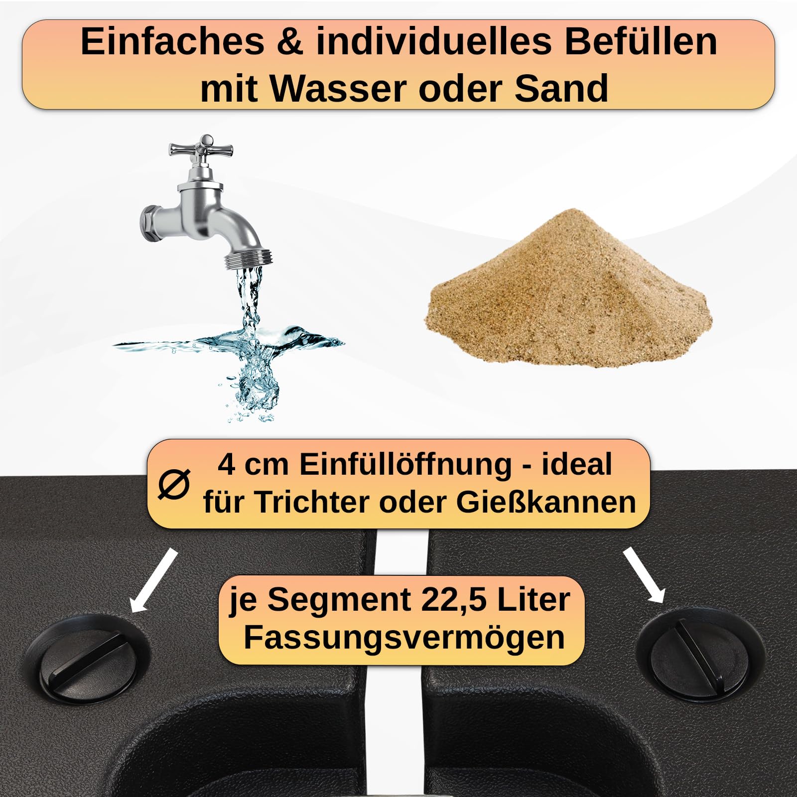 Montafox Sonnenschirmständer 4-teilig Schirmgewicht für Ampelschirm Bodenkreuz schwarz 90 Liter / 150 kg - befüllbar mit Wasser oder Sand 7 Jahre Garantie auf Material*