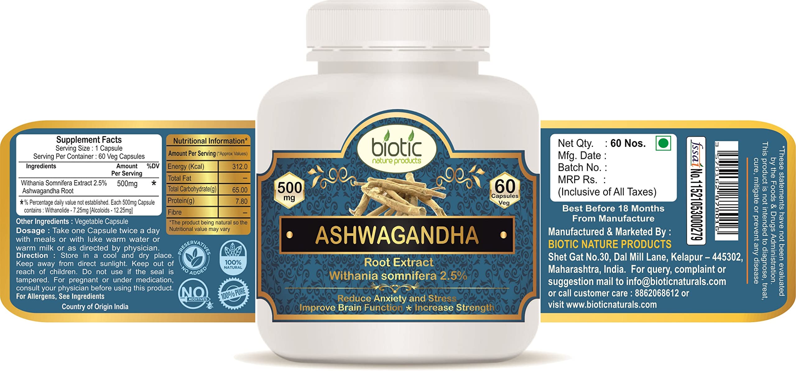 Biotic Natural Ashwagandha Capsules and Arjuna Capsules for Heart Care Extract 500mg - 120 Veg Capsules — Amazon image 2