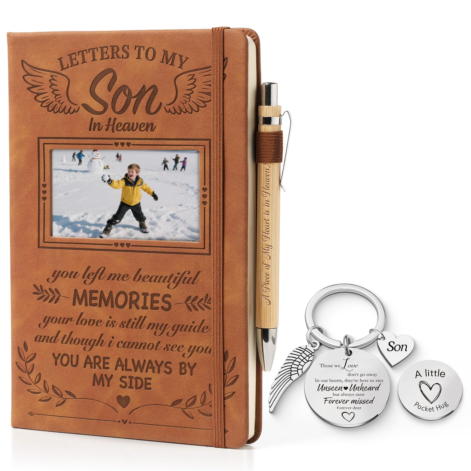 EliteSign Letter to Son in Heaven Leather Journal Sympathy Gifts for The Loss Of Son, Bereavement Gifts A5 Notebook and Angel Keychain, Memorial