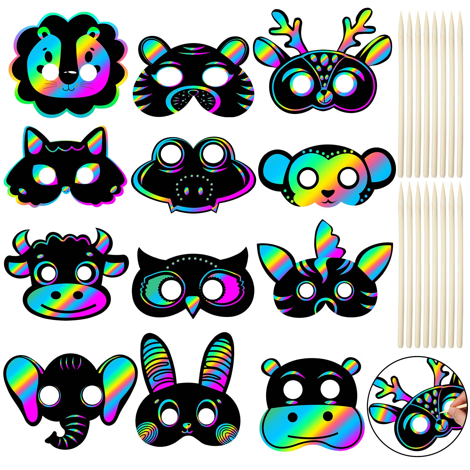 Realspring 60 Pcs Animal Themed Scratch Paper Mask DIY Set for Costume Dress up Party Supplies DIY Creative Decorations