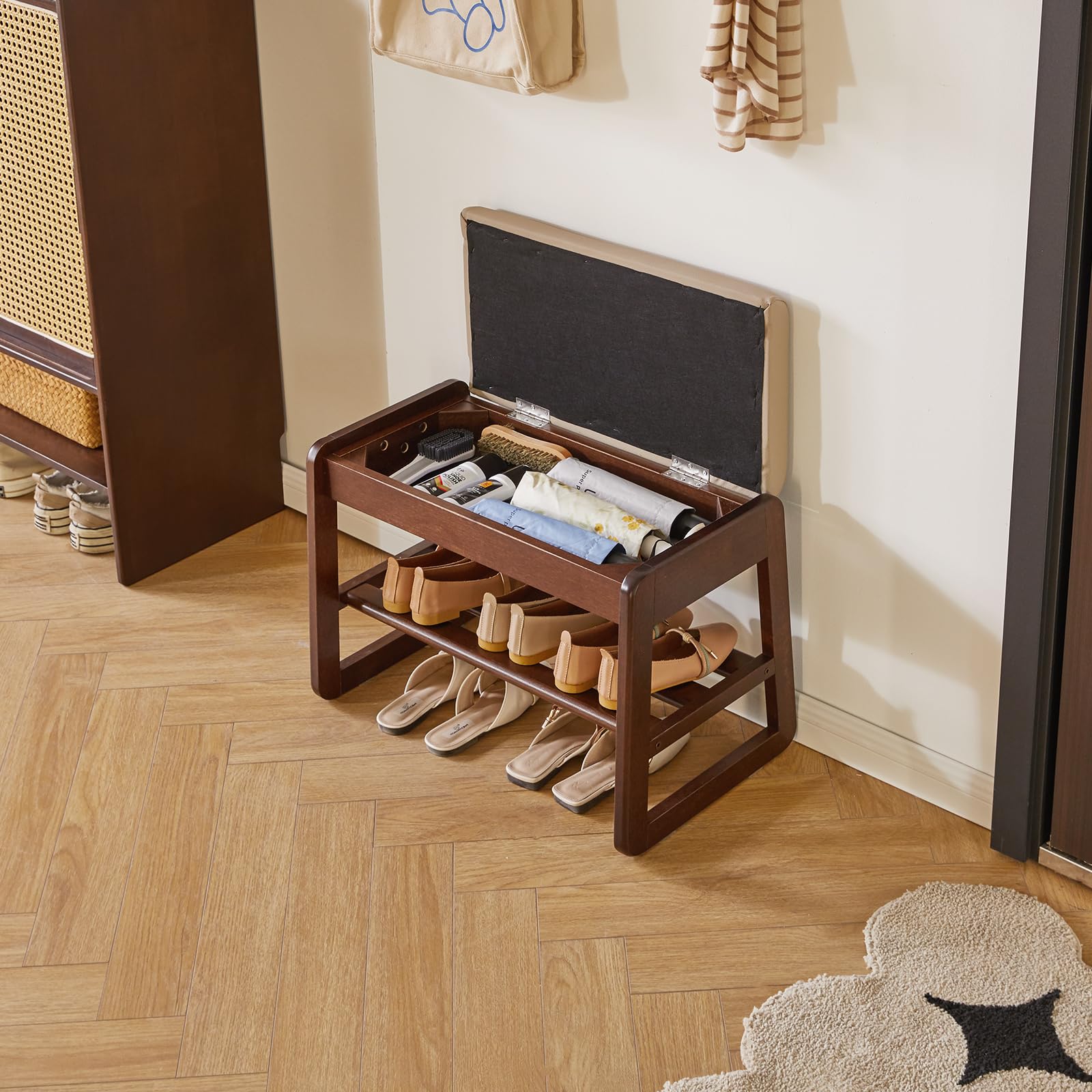 Aibiju Banco Zapatero con Cojín, de Madera Maciza de 2 Niveles y Tapa Abatible, Zapatero de 60 cm para Entrada, Sala, Pasillo y Dormitorio, Color Nogal YD-WD060B