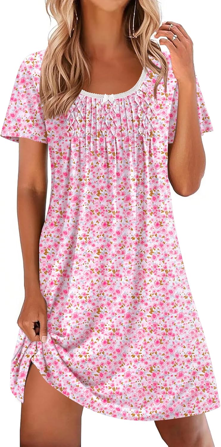Ekouaer Nightgowns for Women Pleated Sleep Shirts Short Sleeve Night Shirts Lace Trim Night Gown Ladies Sleep Dress