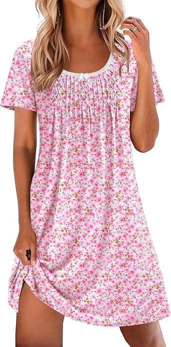 Ekouaer Nightgowns for Women Pleated Sleep Shirts Short Sleeve Night Shirts Lace Trim Night Gown Ladies Sleep Dress