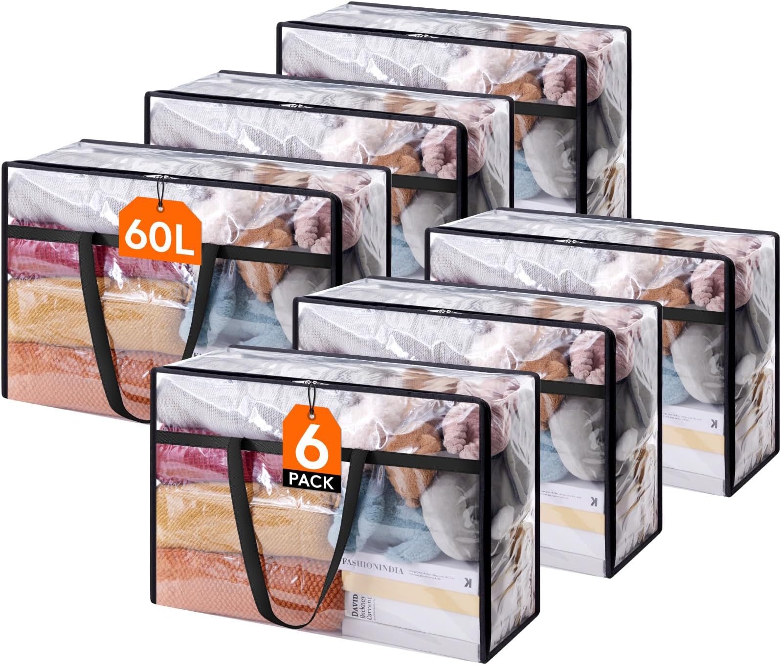 Lifewit 6 Pack Clear Clothes Storage Bags, 60L Plastic Blanket Storage Bag, Vinyl Foldable Moving Bags with Zipper, Closet Organizers and Storage Containers for Bedding, Duvet, Comforter