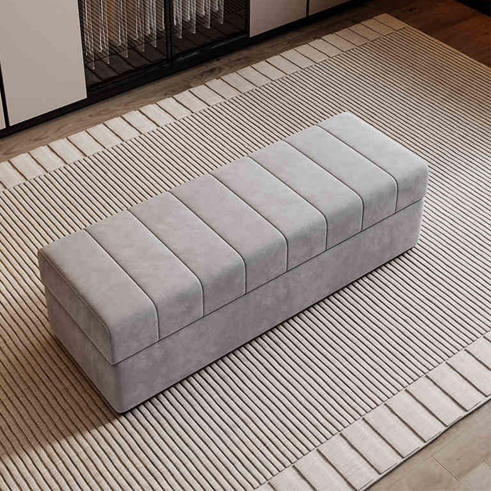 Banc ottoman rectangulaire blanc en bois massif rembourré pour entrée et salon