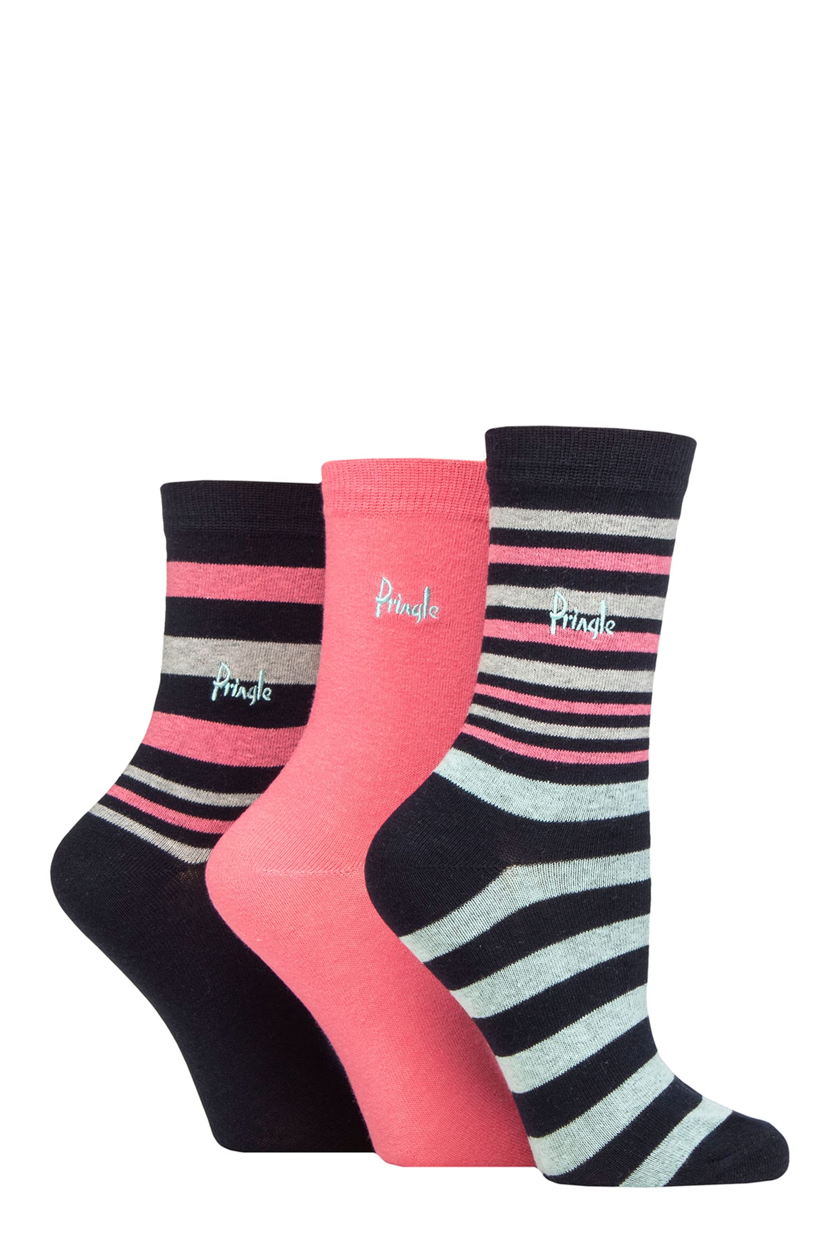Pringle Ladies Patterned Cotton and Recycled Polyester Socks Pack of 3 Stripes Navy 4-8