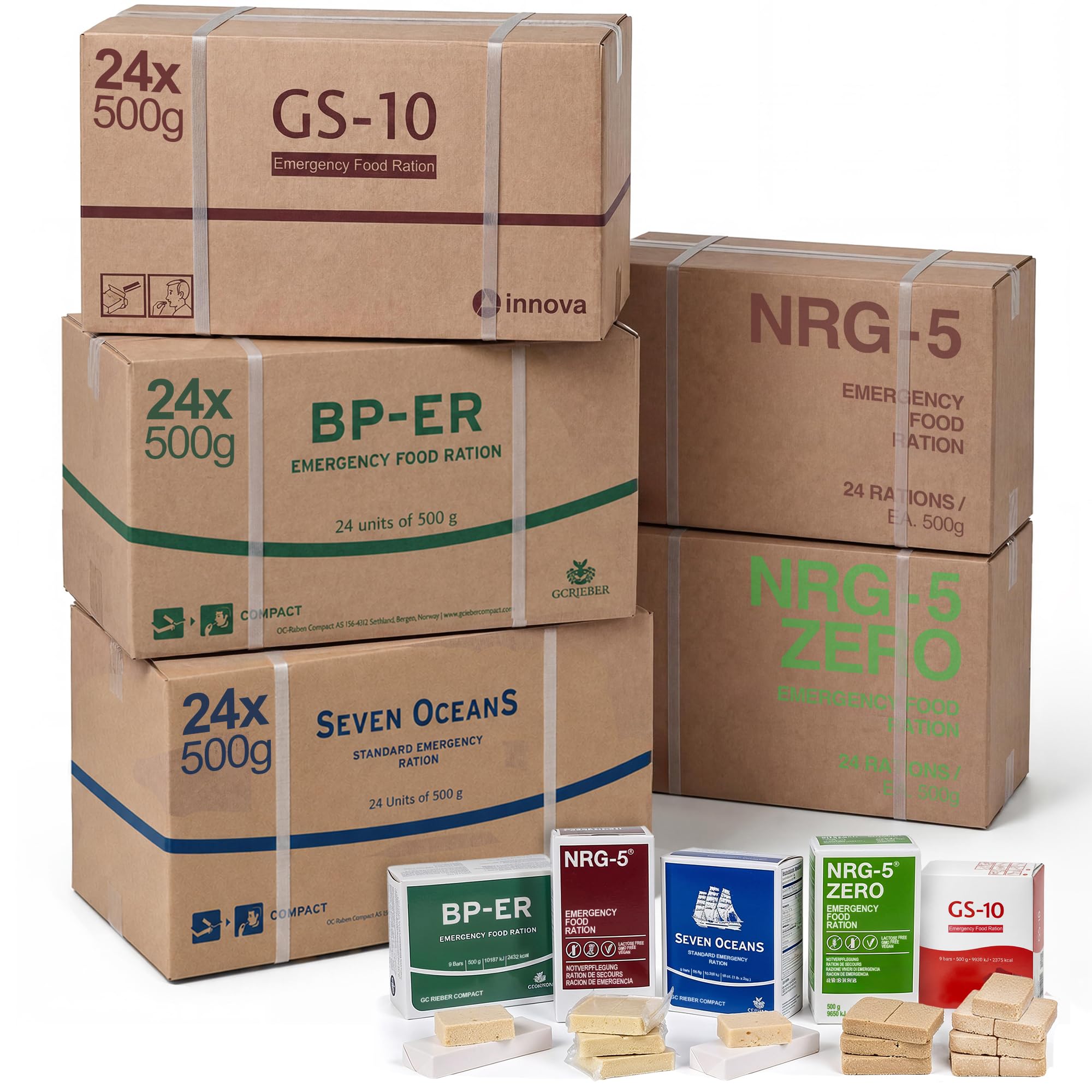 Notfallnahrung Großpaket 120 Einheiten - BP-ER, NRG-5, Seven Oceans & GS-10 + NRG-5 ZERO glutenfrei -24x pro Marke im Karton - Survival Food Set Langzeitnahrung 20 Jahre - Notvorrat Familie & Betrieb