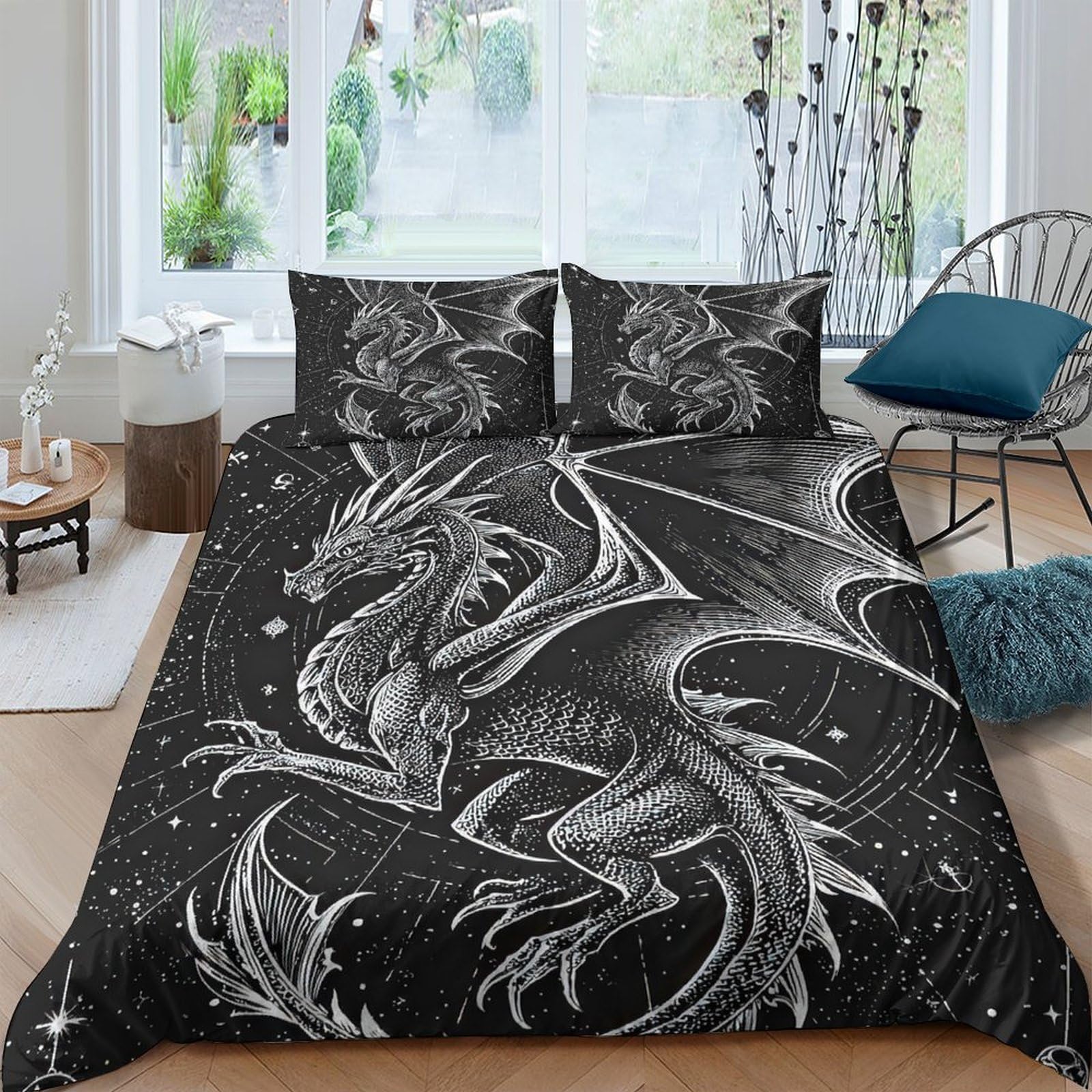 Ctjqhvkz Style-1 3D Printed Black Dragon Fitted Sheet Microfiber Soft Non Slip Gothic Fantasy Bed Cover For Bedroom Dorm Mattress Protection Single（135X200cm）