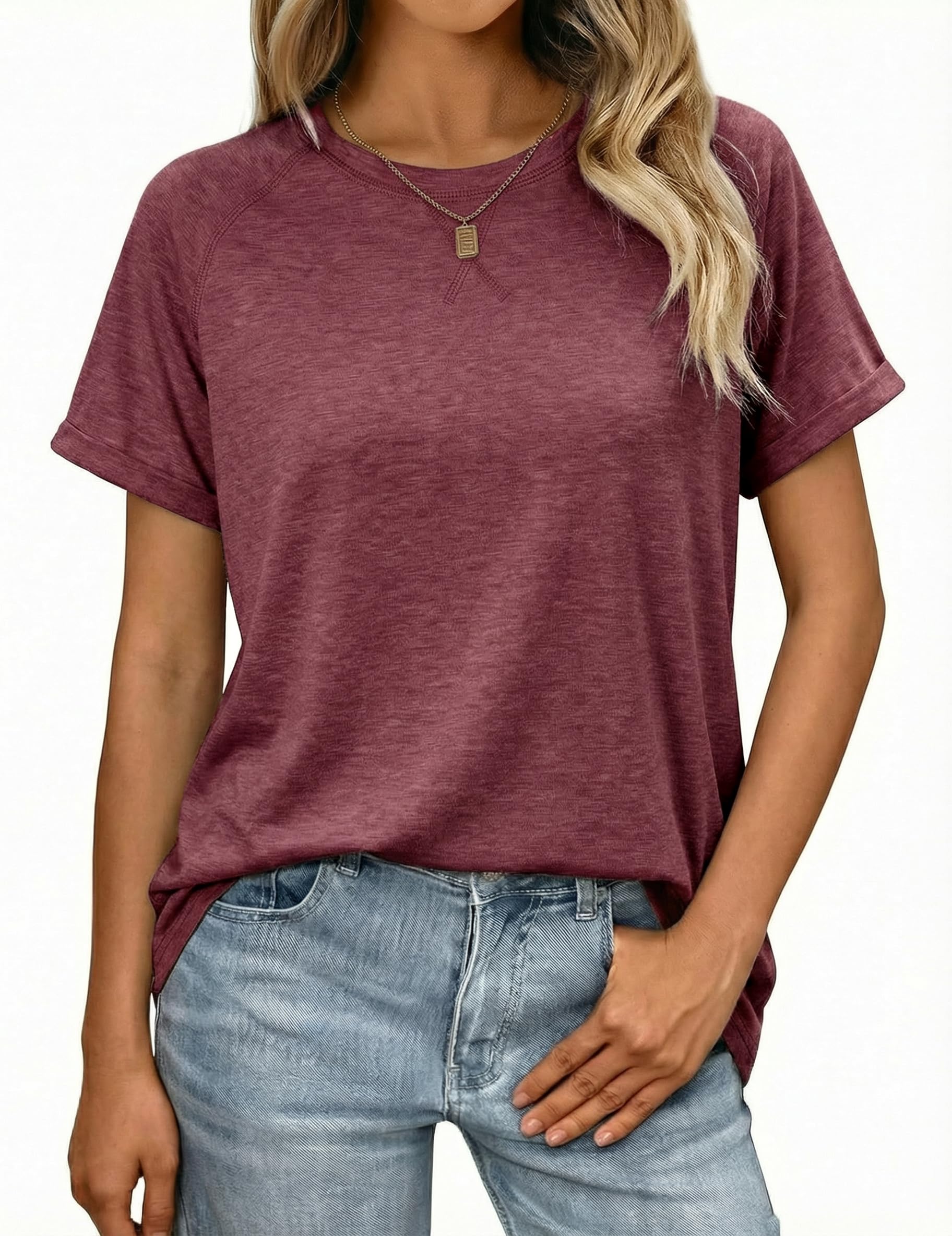 Litherday T-Shirt Damen Sommer Rundhals Casual Basic Tshirt Oberteile Einfarbig Elegant Kurzarm Tops Locker Lässig Baumwolle Shirt Business Outfit S-XXL