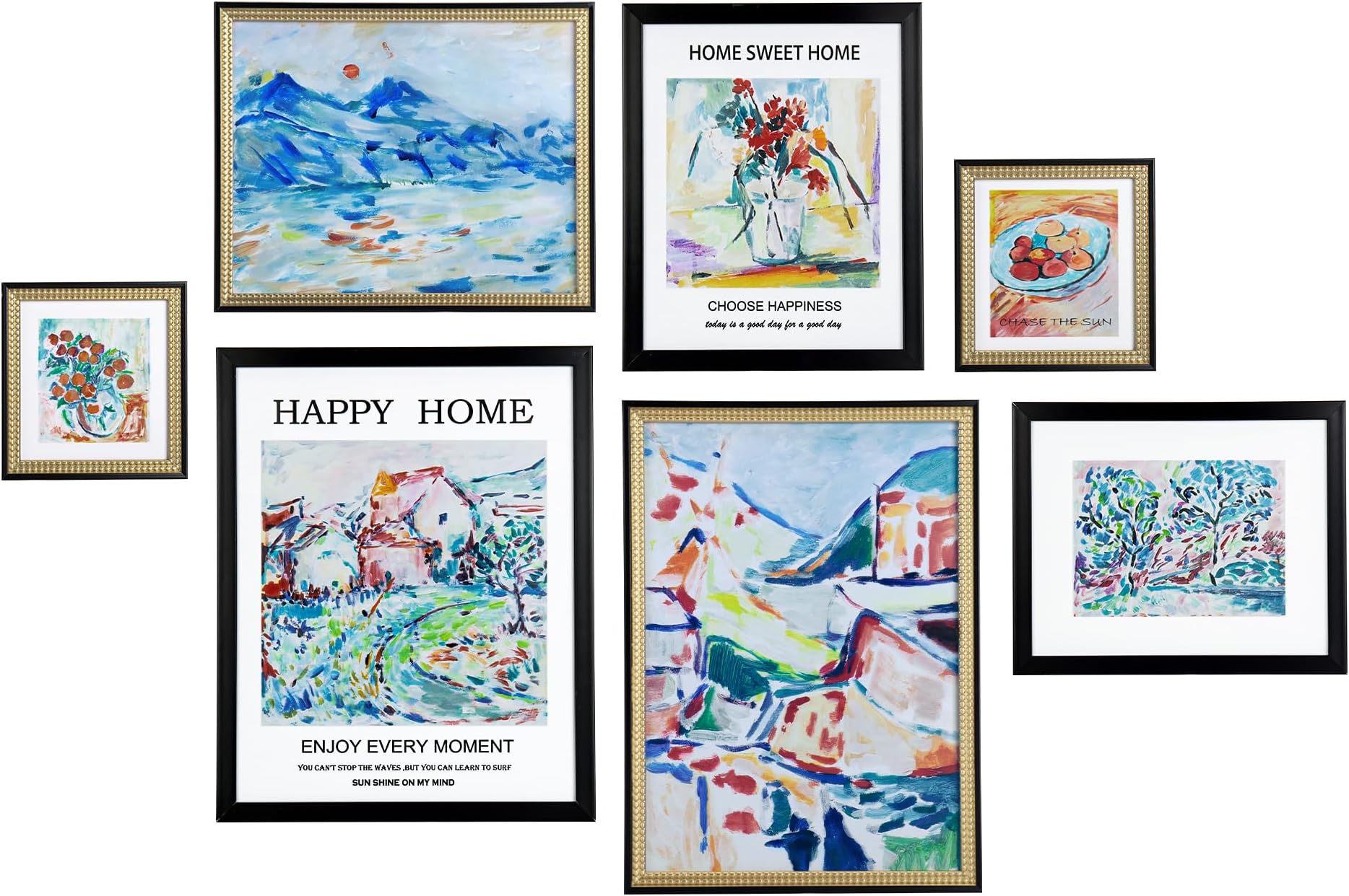 ArtbyHannahGallery Wall Art Framed - Set of 7 Colorful Matisse Picture Frames Collage Wall Decor, Black and Gold Frames Set for Living Room Decor