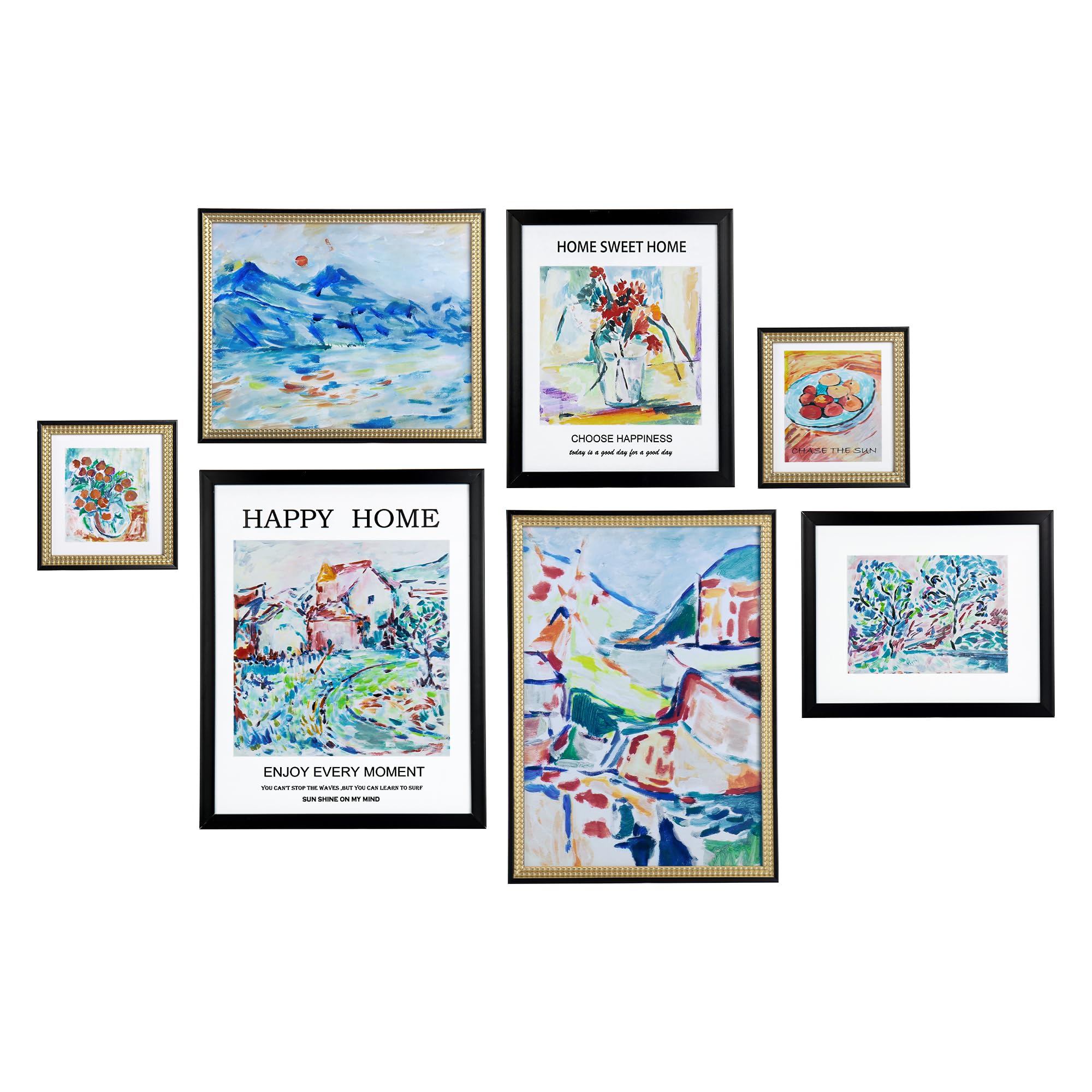 ArtbyHannahGallery Wall Art Framed - Set of 7 Colorful Matisse Picture Frames Collage Wall Decor, Black and Gold Frames Set for Living Room Decor