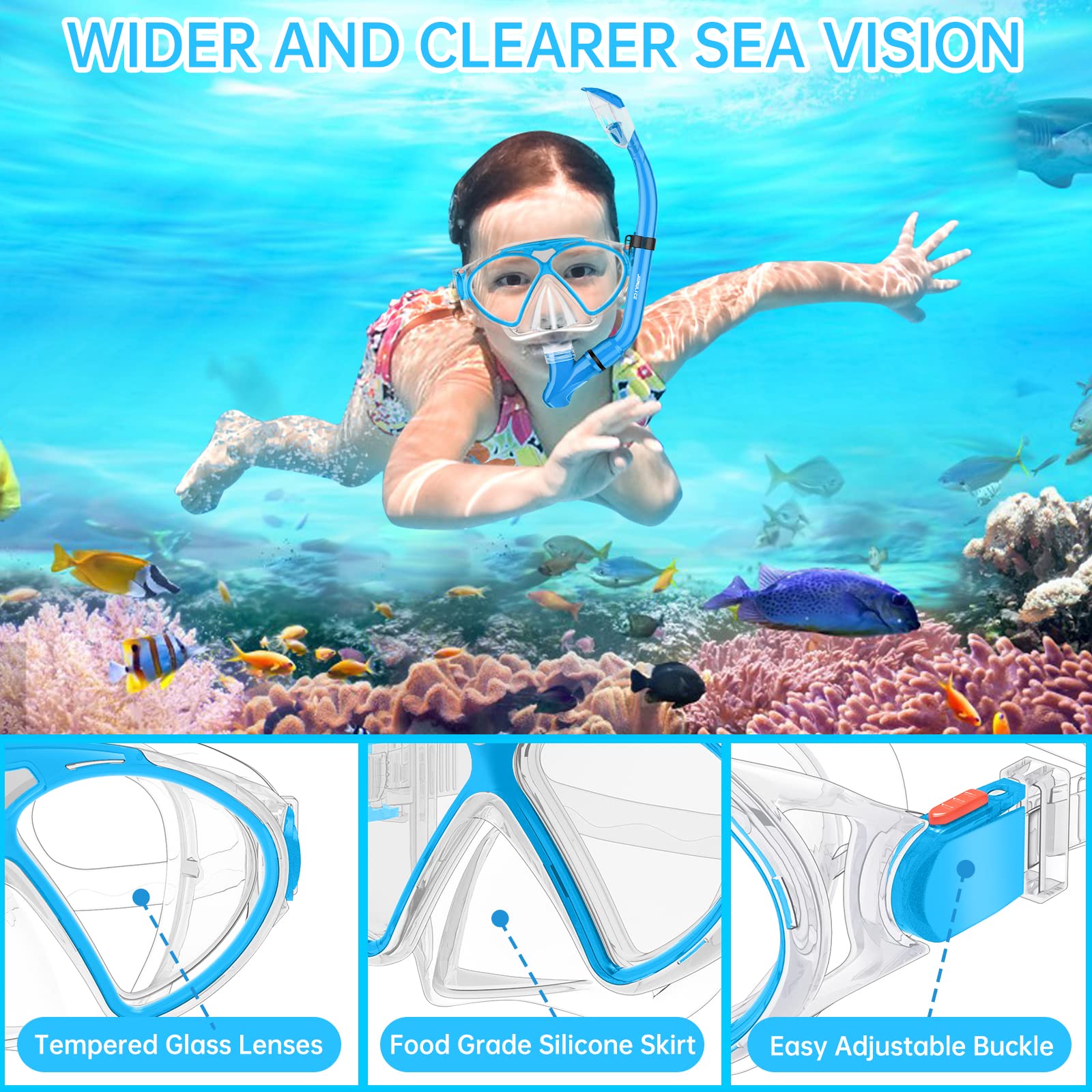 JEMULICE Maschera Subacquea Bambini, Set da Snorkeling per Bambini con Tubi a Secco e Occhiali da Snorkeling Anti-Fog Panoramica a 180 Gradi, Snorkel Set, Maschera Snorkeling per Bambino e Adolescenti
