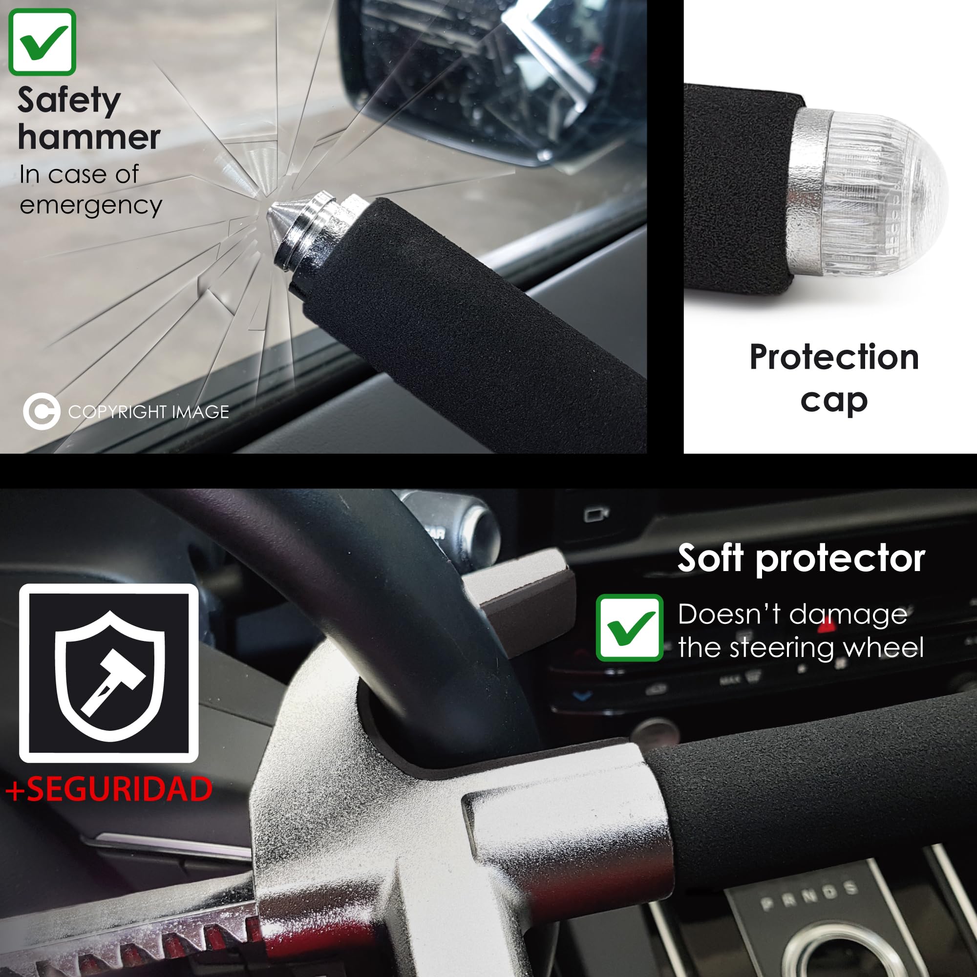 KRASER WA839B Antirrobo Coche, Alta Seguridad, Barra Volante Reforzada, Muy Visible y Disuasorio, Bloqueo Más Ajustable, Martillo Emergencia, Cepo Coche Universal SUV Furgoneta Autocaravana