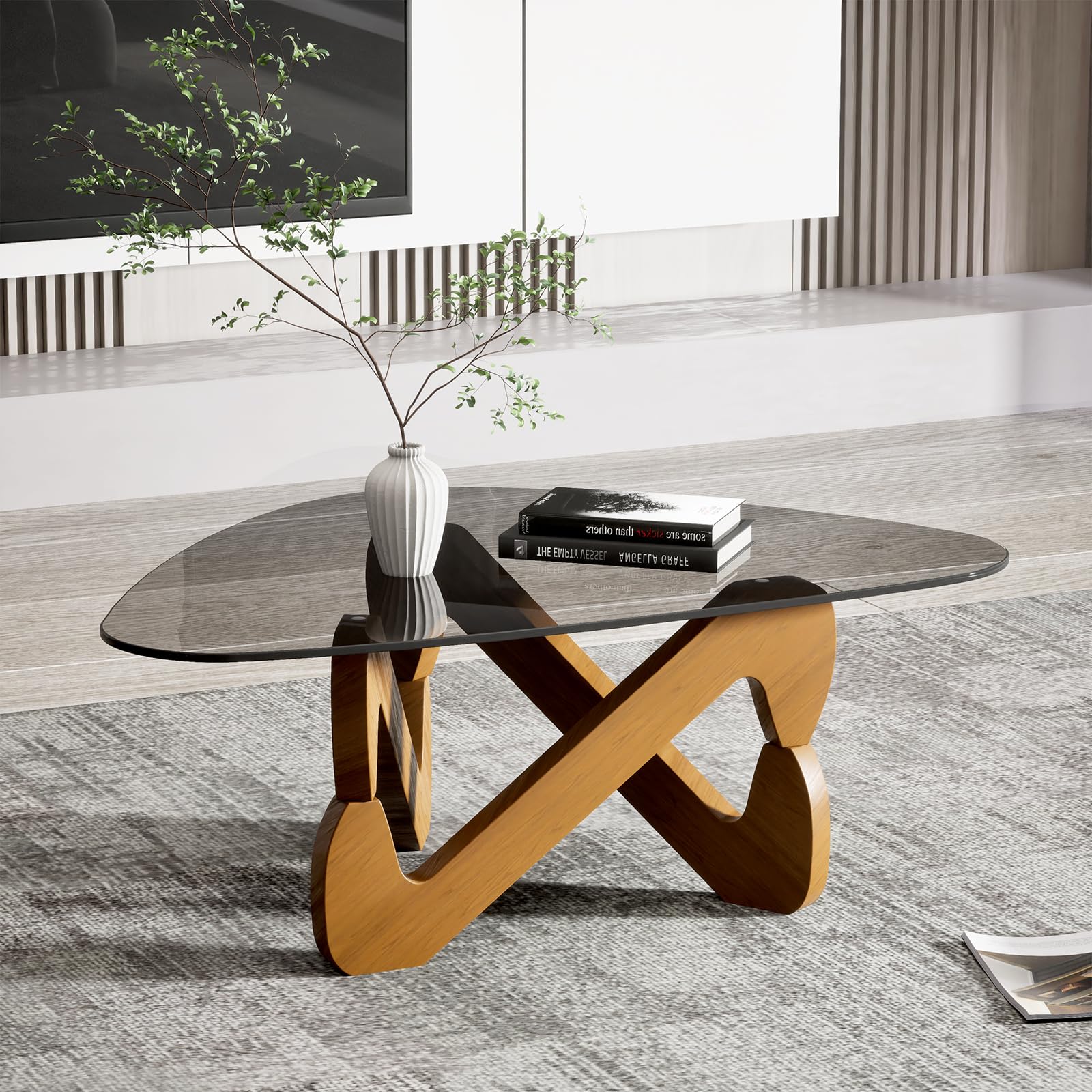 Table basse triangulaire en verre, table basse moderne avec base triangulaire en bois massif et verre trempé épaissi, table d'appoint, table basse inhabituelle pour salon bureau, 82 x 57 x 35 cm (gris