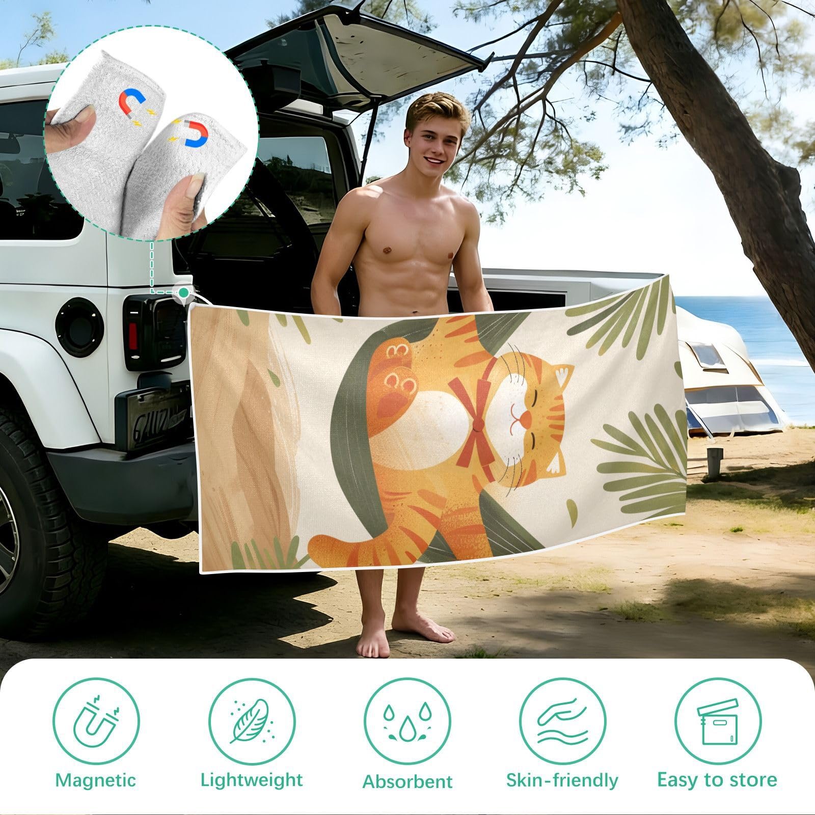 Grandes serviettes de plage avec sacs en maille pour adultes, motif chat heureux dans un hamac, serviette de bain avec fermeture magnétique, anti-sable, serviette à séchage rapide pour piscine
