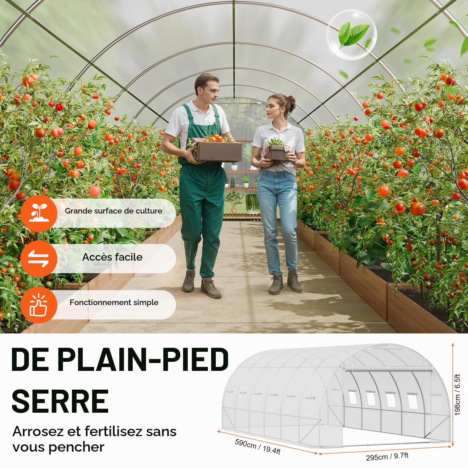 VEVOR Serre Tunnel Jardin, 590x295x198 cm, Tente Abri Plantes avec Cadre en Acier Galvanisé, Couverture en PE Blanche, Porte à Glissière Enroulable, 12 Fenêtres, pour Extérieur Cultiver Légumes Fleurs