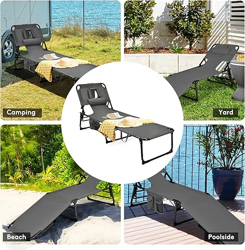 Miniatura 8 de Goplus Tumbona de playa con cavidad facial y agujero para el brazo, tumbona plegable con almohada extraíble y bolsillo lateral, silla de bronceado