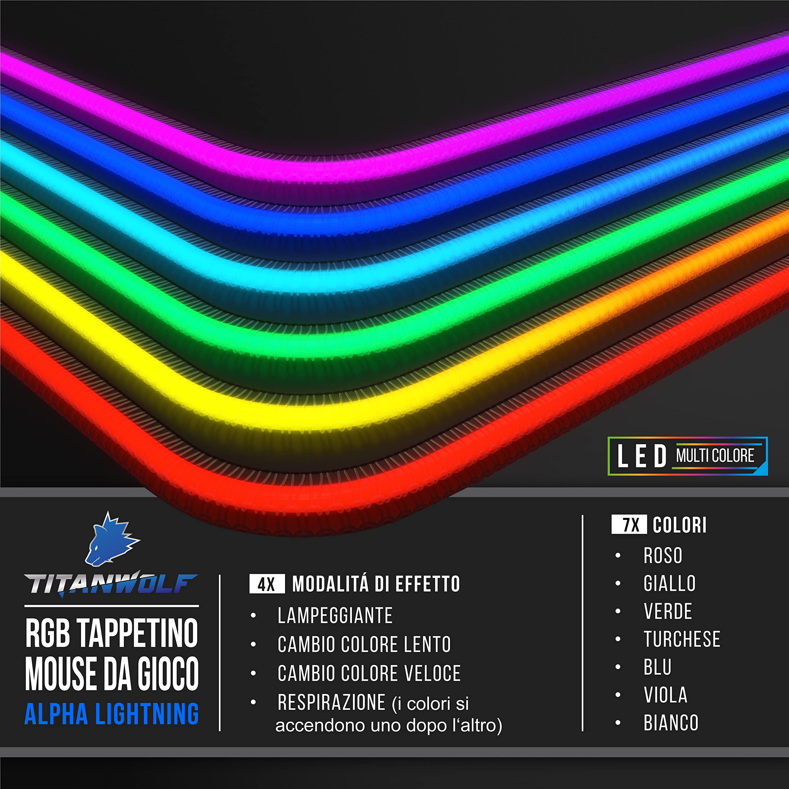 TITANWOLF - New RGB LED Tappetino Mouse Gaming Grande XXXL – 1200x600mm – Mousepad USB - OLED Multi Color - 7 Colori più 4 Effetti – Retro gommato Antiscivolo - New 2022