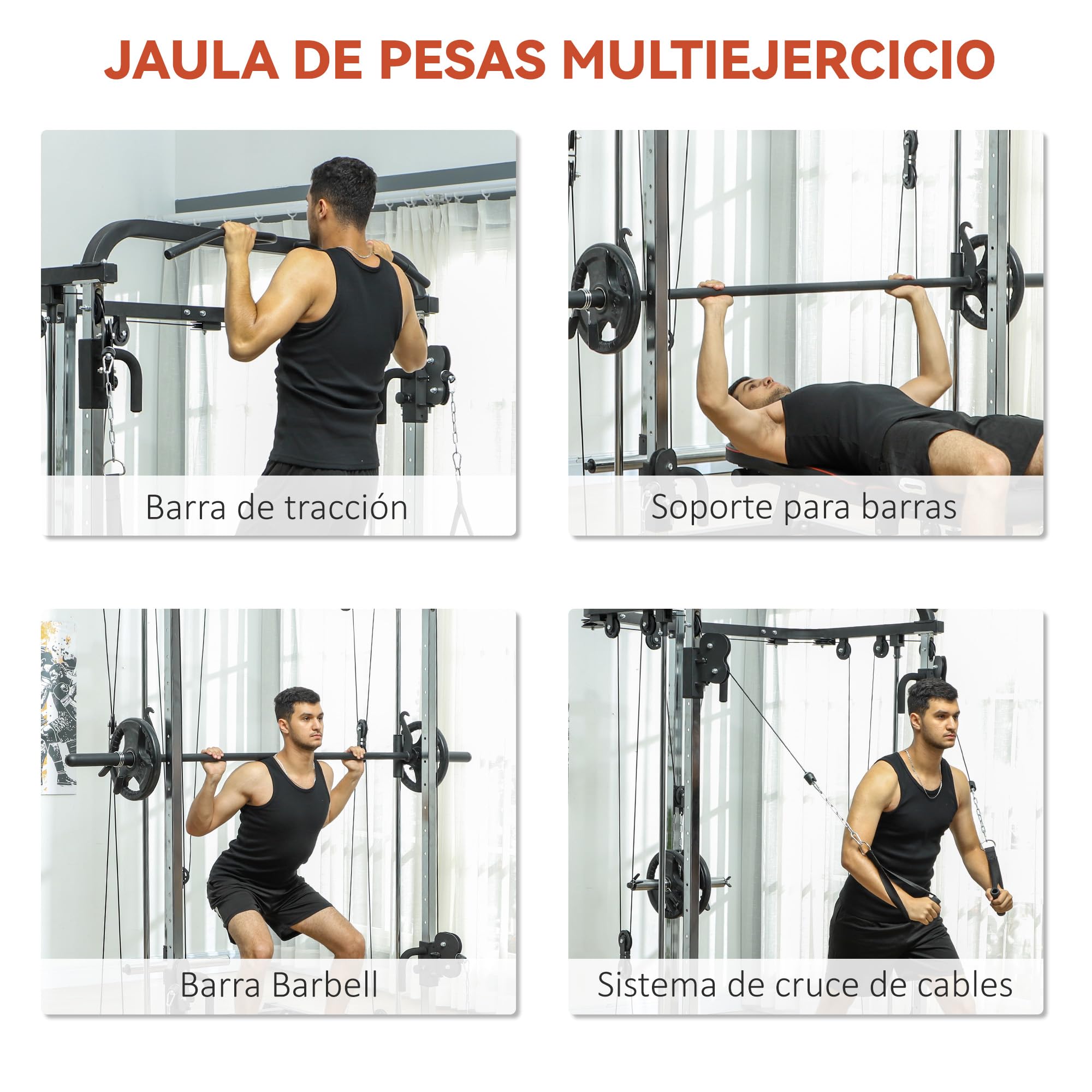 SPORTNOW Smith Machine Multiestación de Musculación Máquina Multifunción de Musculación con Soporte para Sentadillas y Barra para Pesas para Entrenamiento Fitness en Hogar Negro