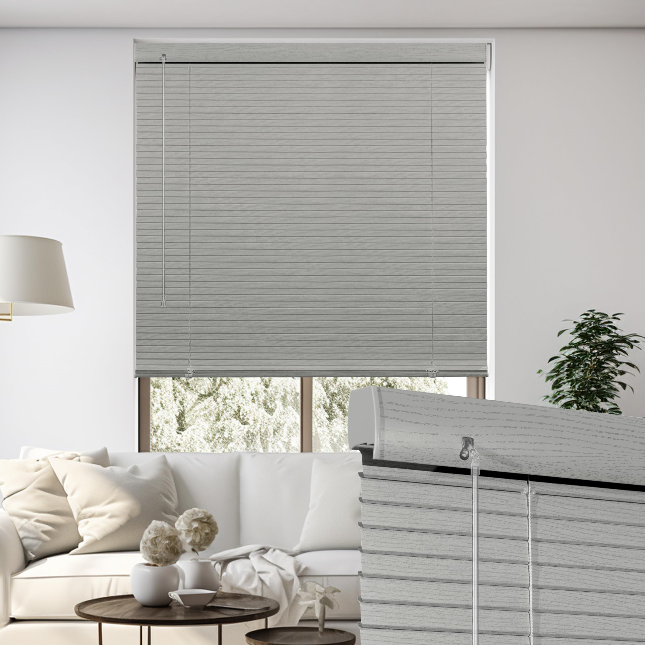 HOTSOON L-Shaped Slats 1-inch Faux Wood Horizontal Blinds Cordless Mini Blinds for Indoor Windows Privacy Protection Venetian Blinds for Bedroom Patio