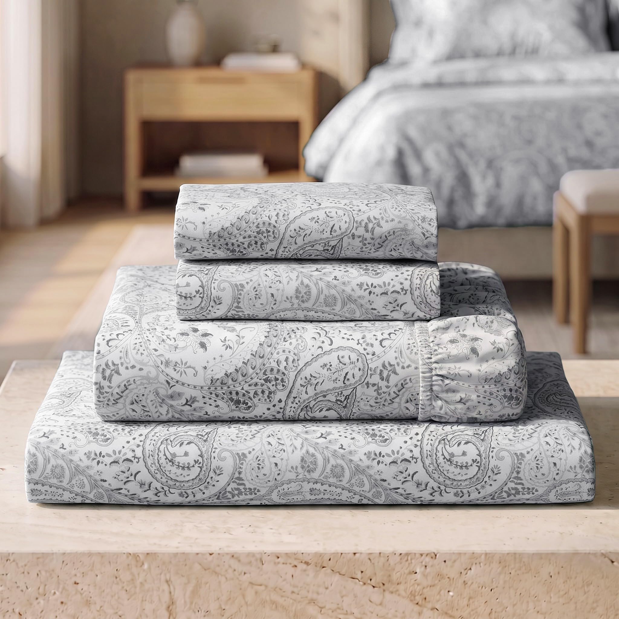 Mellanni Iconic 4-Piece, Ultra Soft Sheet Set (Queen, Paisley Gray)