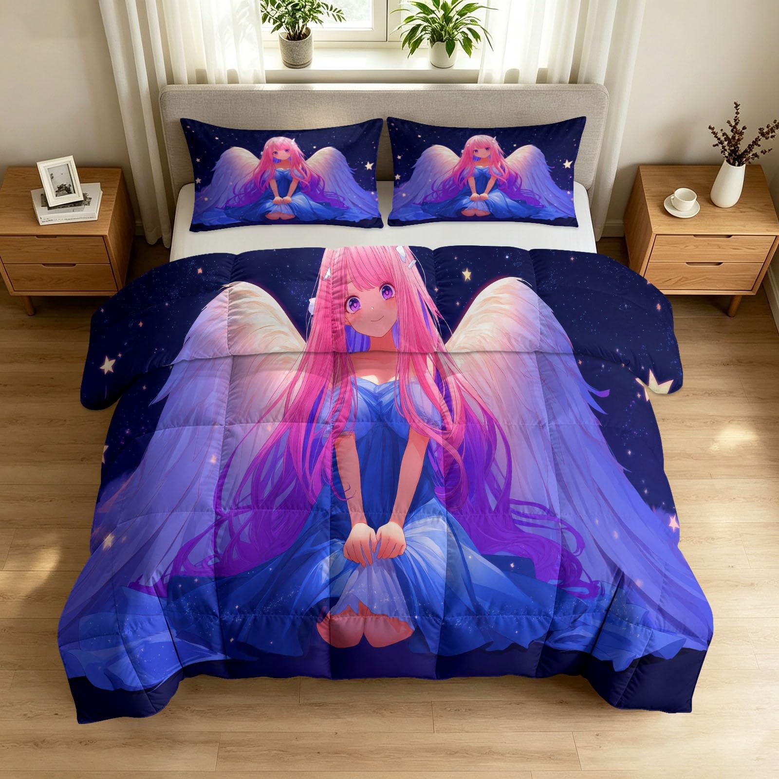Couette légère d'été 240x260 et édredon 4 saisons violet motif ange ado