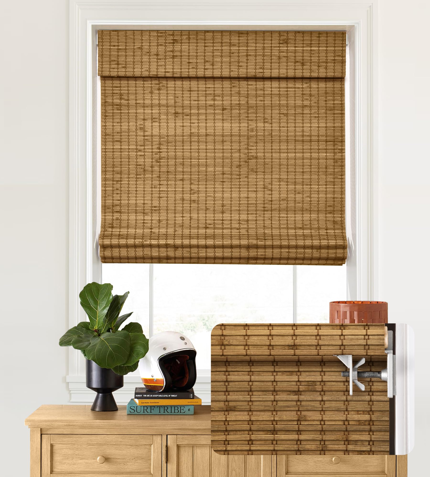 LazBlinds No Tools No Drill Cordless Bamboo Roman Shades, Privacy Blinds for Interior Windows, Room Darkening Roll Up Bamboo Blinds for for Home &